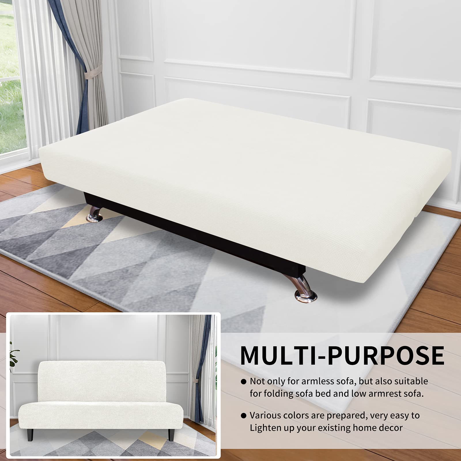 Easy-Going Stretch Futon Slipcover Armless Futon Bed Cover Furniture Protector Without Armrests With Elastic Bottom For Kids, Soft Jacquard Fabric Small Checks (Medium, Cream)