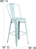 Commercial Grade 30 High Distressed Green-Blue Metal Indoor-Outdoor Barstool with Back