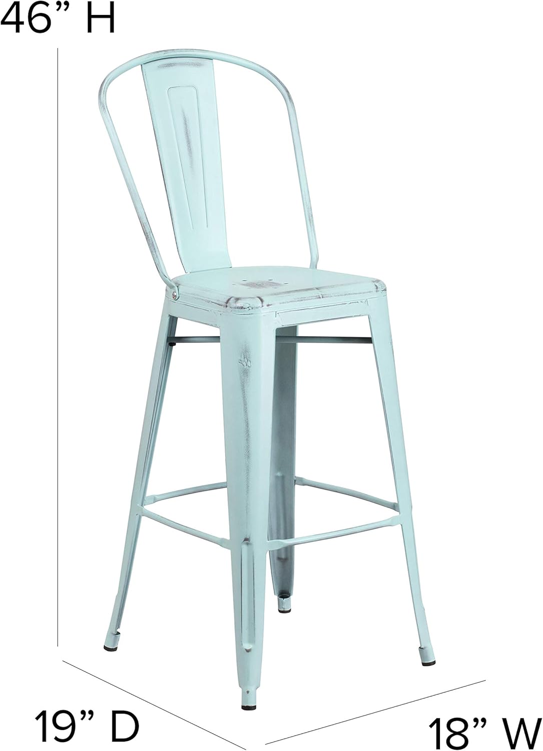 Commercial Grade 30 High Distressed Green-Blue Metal Indoor-Outdoor Barstool with Back