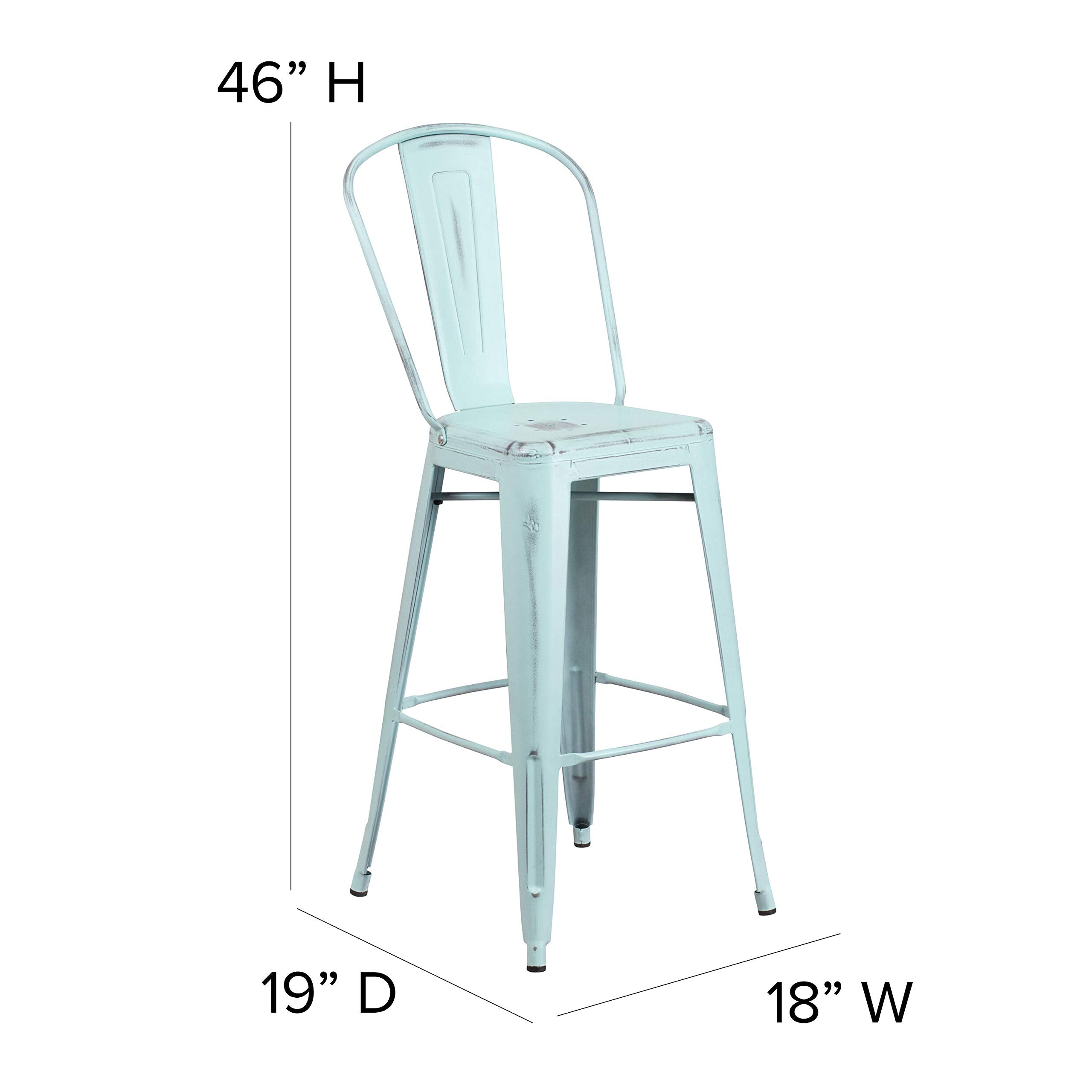 Flash Furniture Commercial Grade 30' High Distressed Green-Blue Metal Indoor-Outdoor Barstool With Back