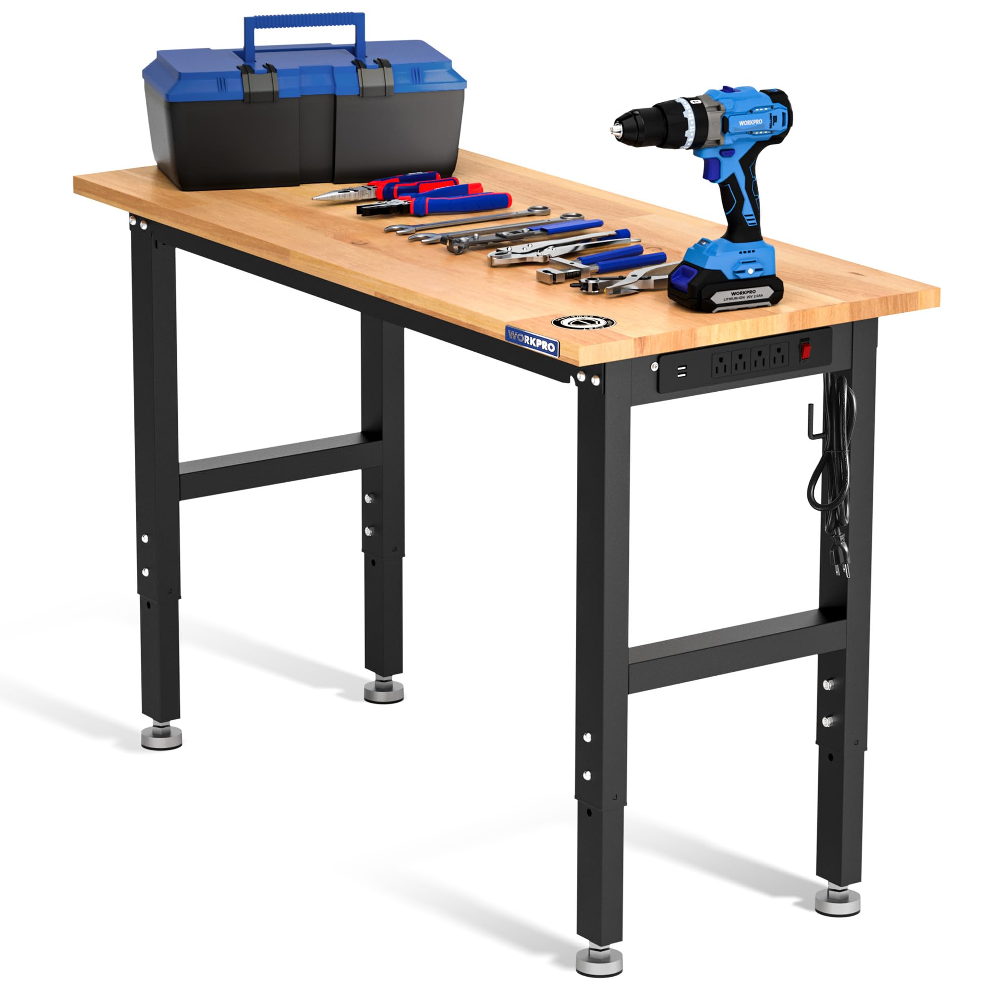 Workpro Adjustable Garage Workbench, 48'X22' Rubber Wood Top Heavy-Duty Work Desk With Power Outlets, Leveling Foot, 5 Heights, 1500 Lbs Load Capacity Work Benches For Garage, Workshop, Office, Home