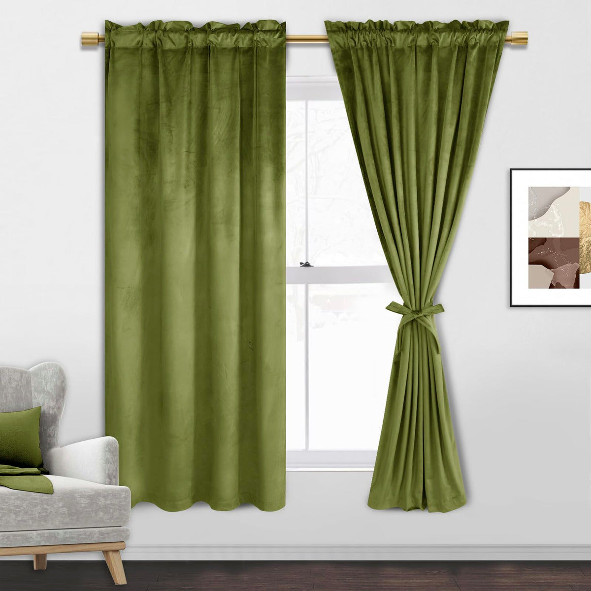Jiuzhen Moss Green Velvet Curtains 63 Inches For Living Room - Soft Retro Blackout Velvet Drapes Rod Pocket Room Darkening Therm