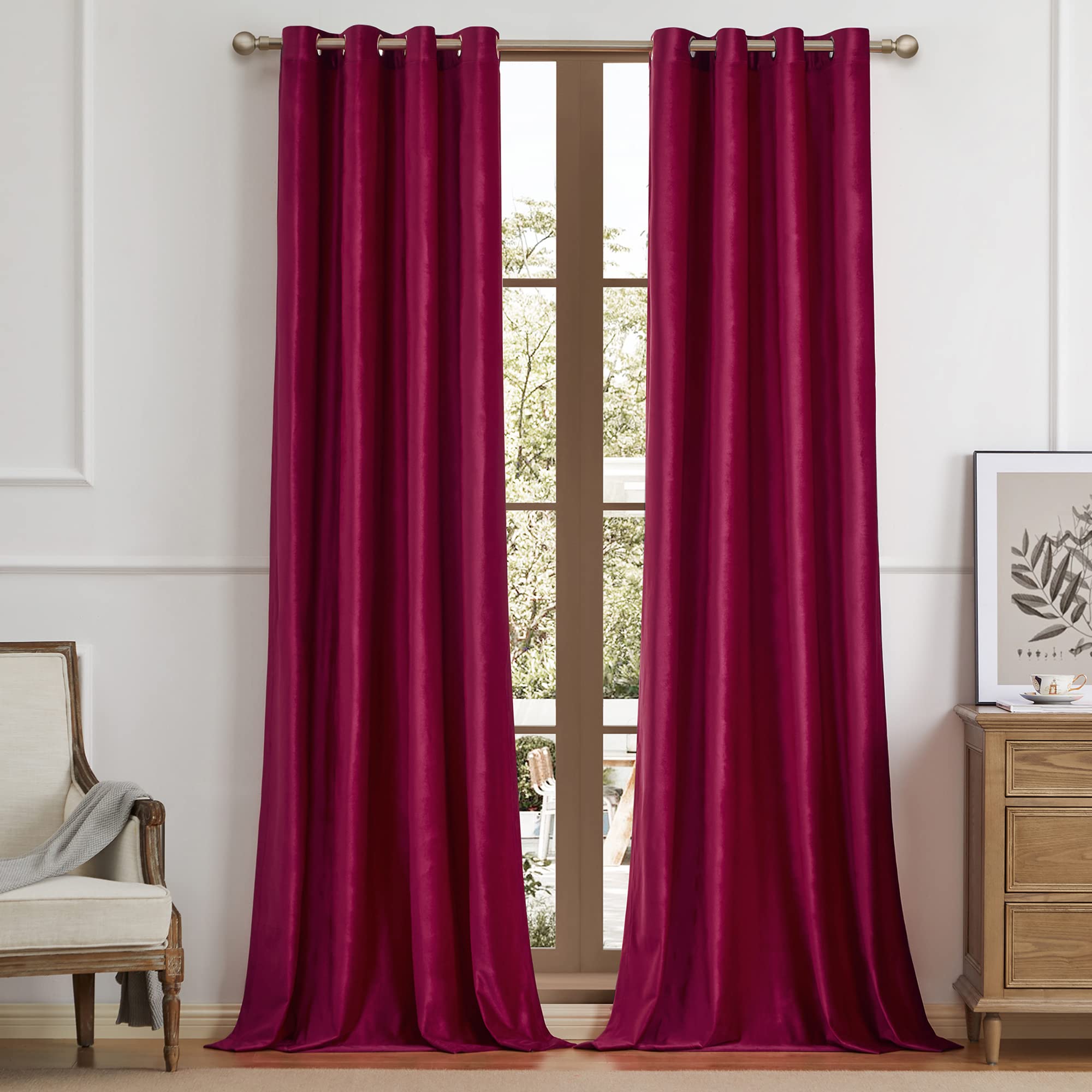 Bulbul Red Curtains 120 Inch Length- Living Room Red Velvet Blackout Window Drapes Curtains Thermal Insulated Room Darkening Dec