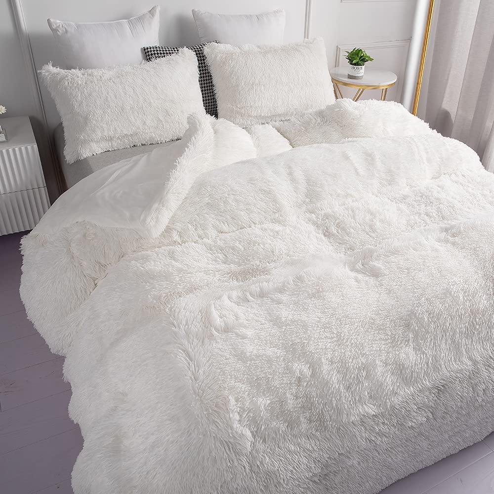 Chovy Faux Fur Plush White Comforter Sets Twin/Full Size - Ultra Soft Shaggy Flannel Velvet Fluffy Fuzzy 3Pc Bedding Set (Comfor