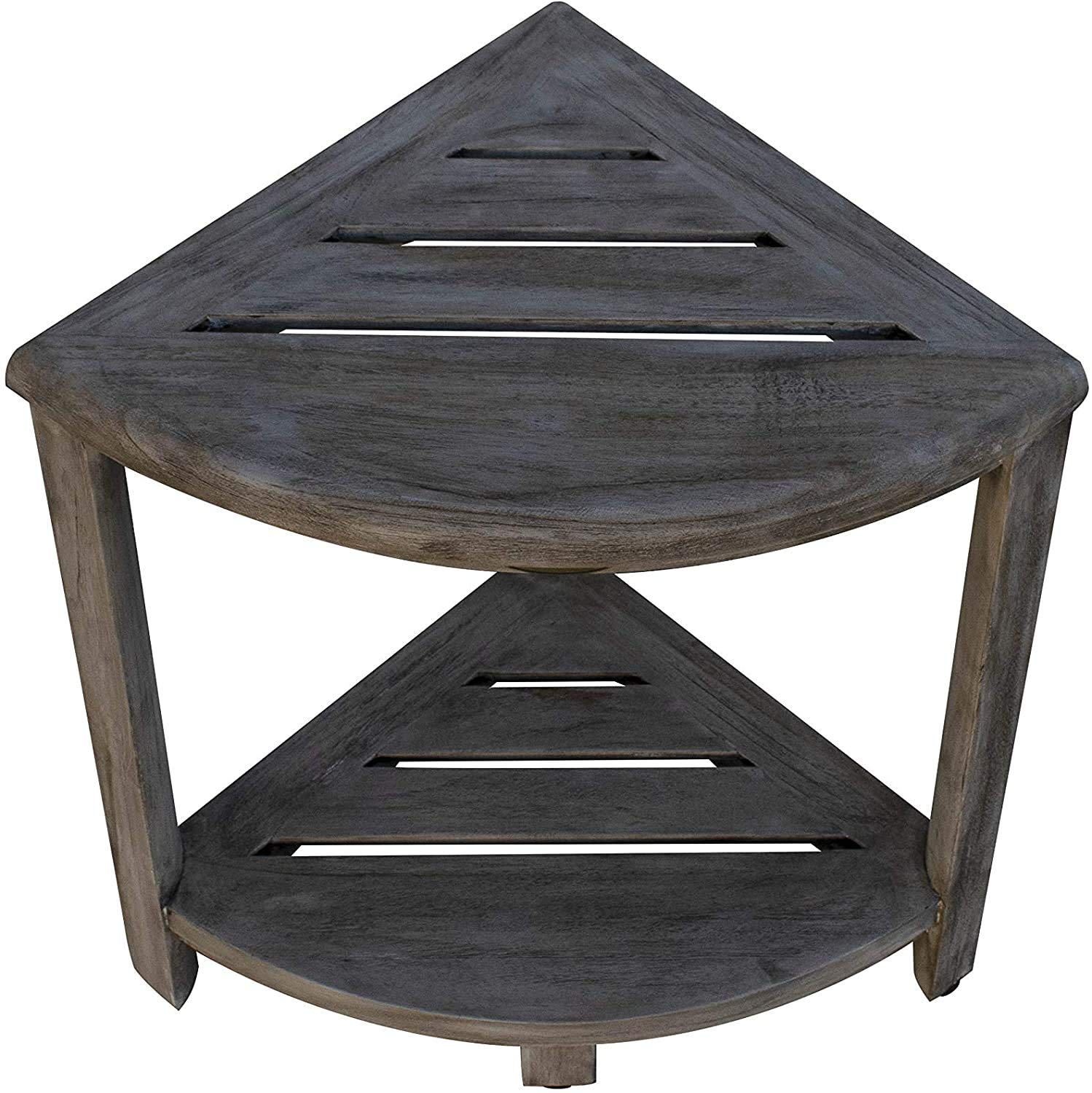 HomeRoots Compact Teak Corner Shower Outdoor Bench in Coquina Finish