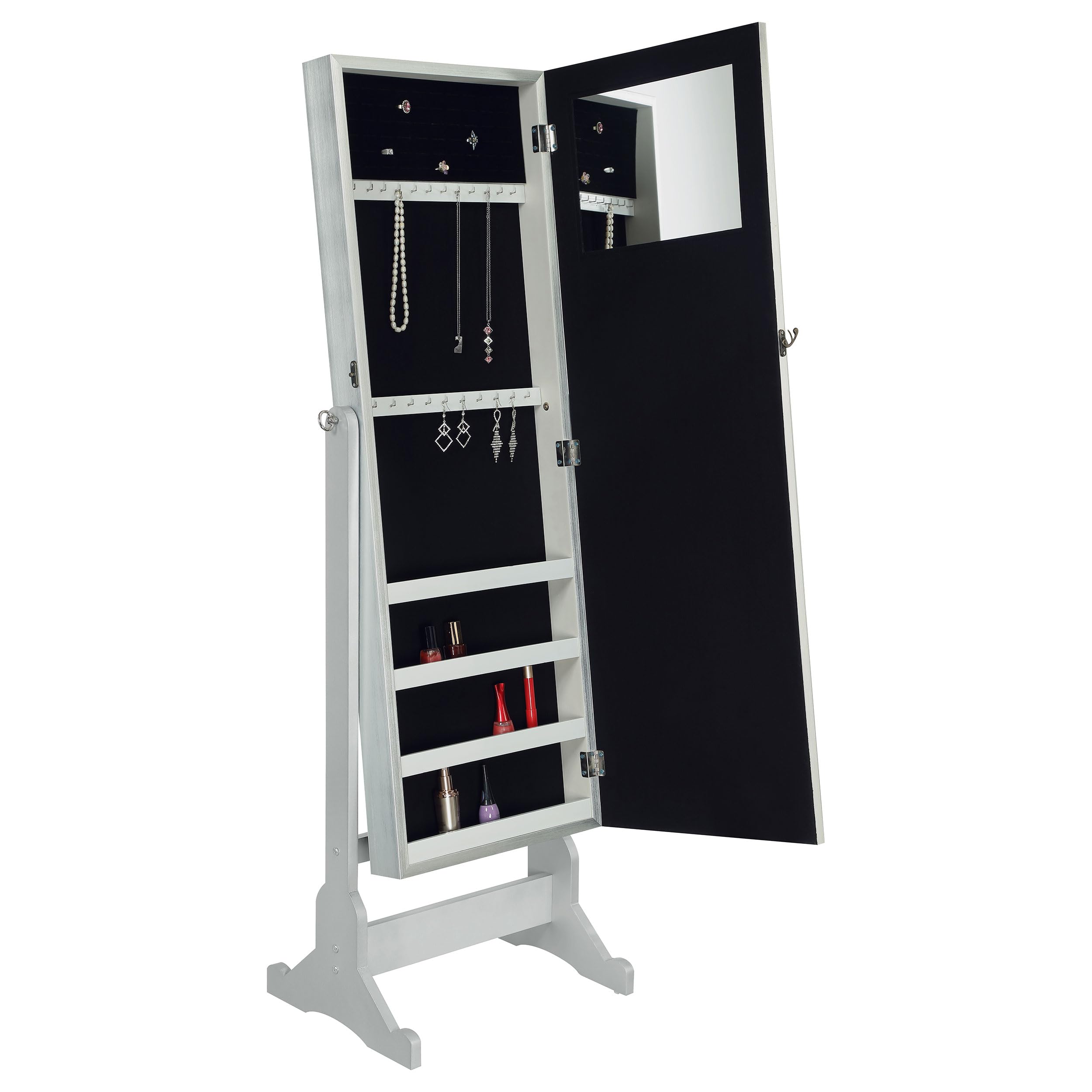 Coaster Home Furnishings Elle Contemporary Rectangular Cheval Mirror with Jewelry Storage Adjustable Bedroom Mirror Jewelry Armoire Silver 902779