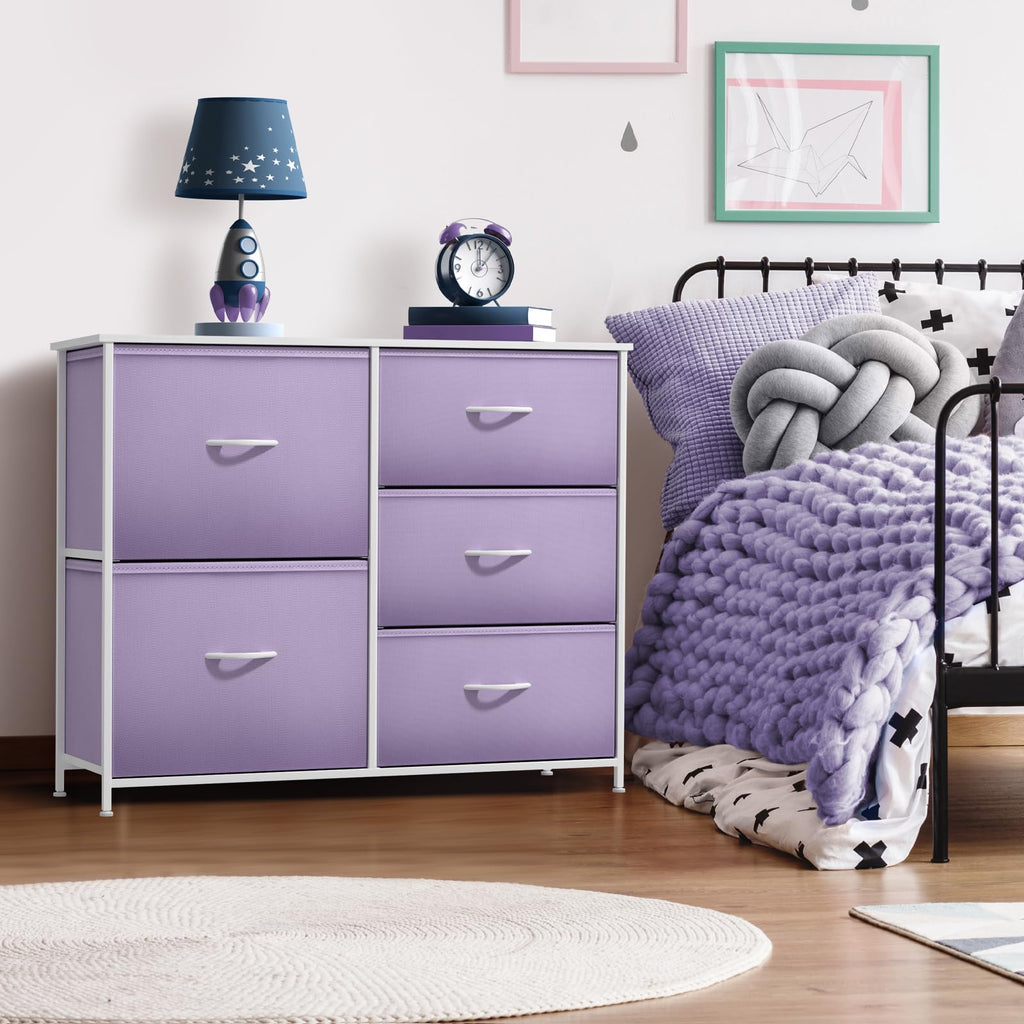 Sorbus Kids Dresser With 5 Drawers - Storage Chest Organizer Unit With Steel Frame, Wood Top & Handles, Tie-Dye Fabric Bins For Clothes - Wide Furniture For Bedroom Hallway Kids Room Nursery & Closet
