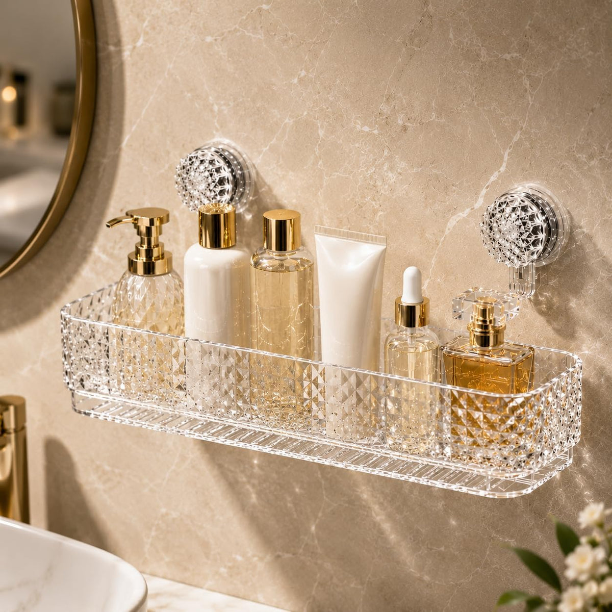 Jivinex Bathroom Suction Shelves for Wall, Storage Rack with Suction Cup, Suction Bathroom Organiser with Transparent Suction Ba