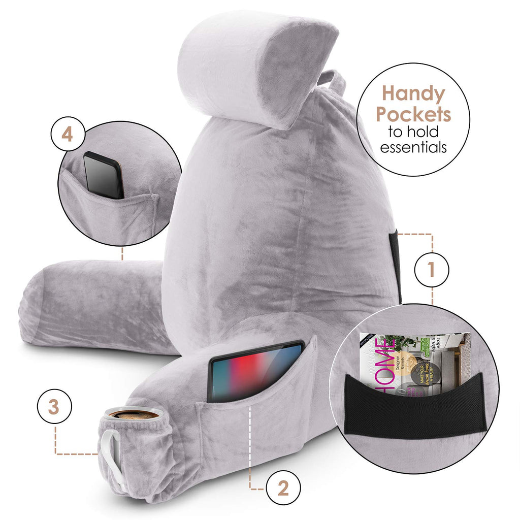 Nestl Reading Pillow Large Bed Pillow, Back Pillow For Sitting In Bed Shredded Memory Foam Chair Pillow, Reading & Bed Rest Pillows Grey Lavender Back Pillow For Bed, Bed Chair Arm Pillow With Pockets