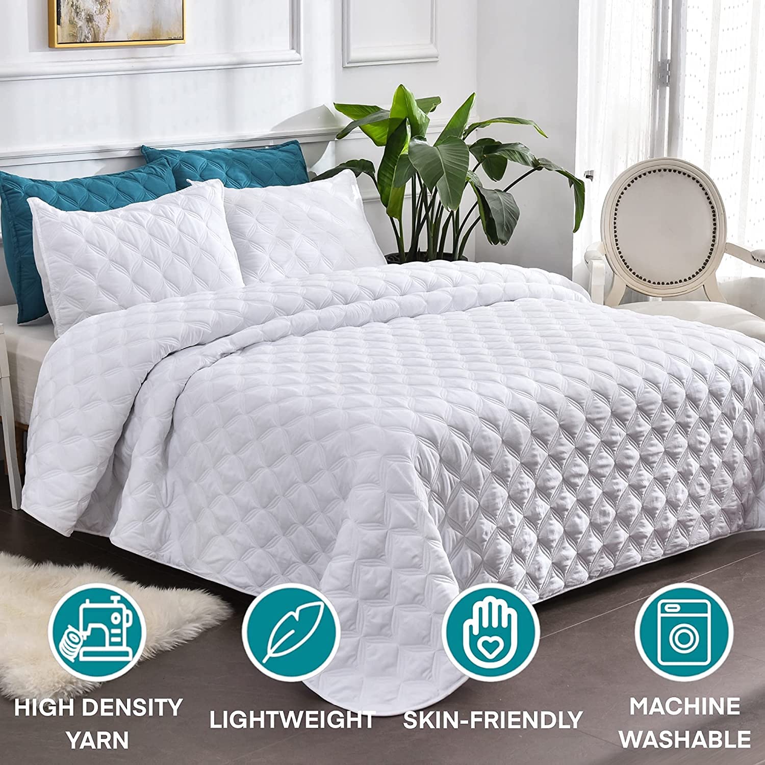 Litanika Oversized King Bedspreads 128X120 Quilt Set - 3 Piece White Lightweight Comforter Coverlets Bedding Cover Bed Decor All