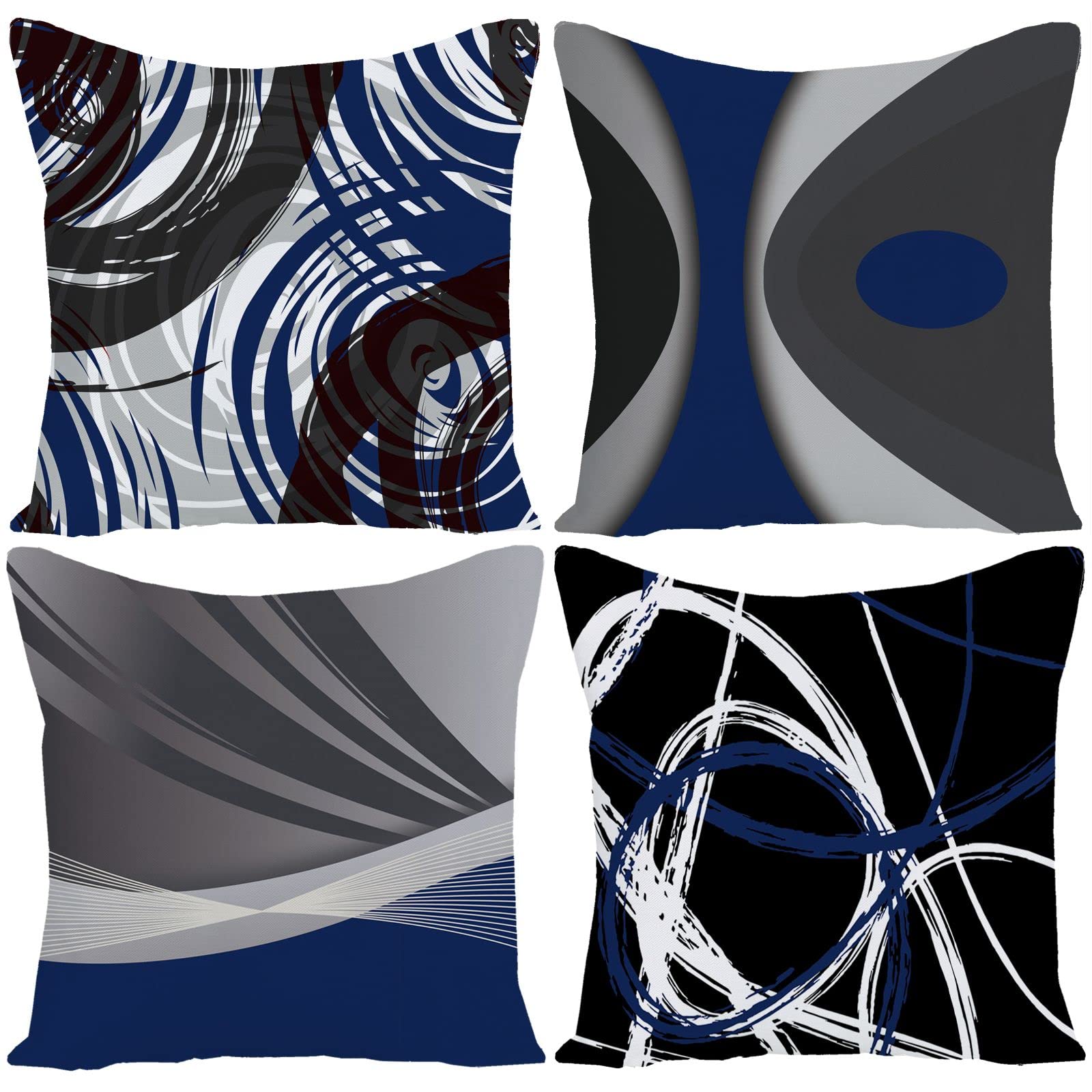 Ezving Set Of 4 Throw Pillow Covers Modern Abstract Dark Blue Stripes Gray Black White Acrylic Bold Grey Decorative Pillow Cases
