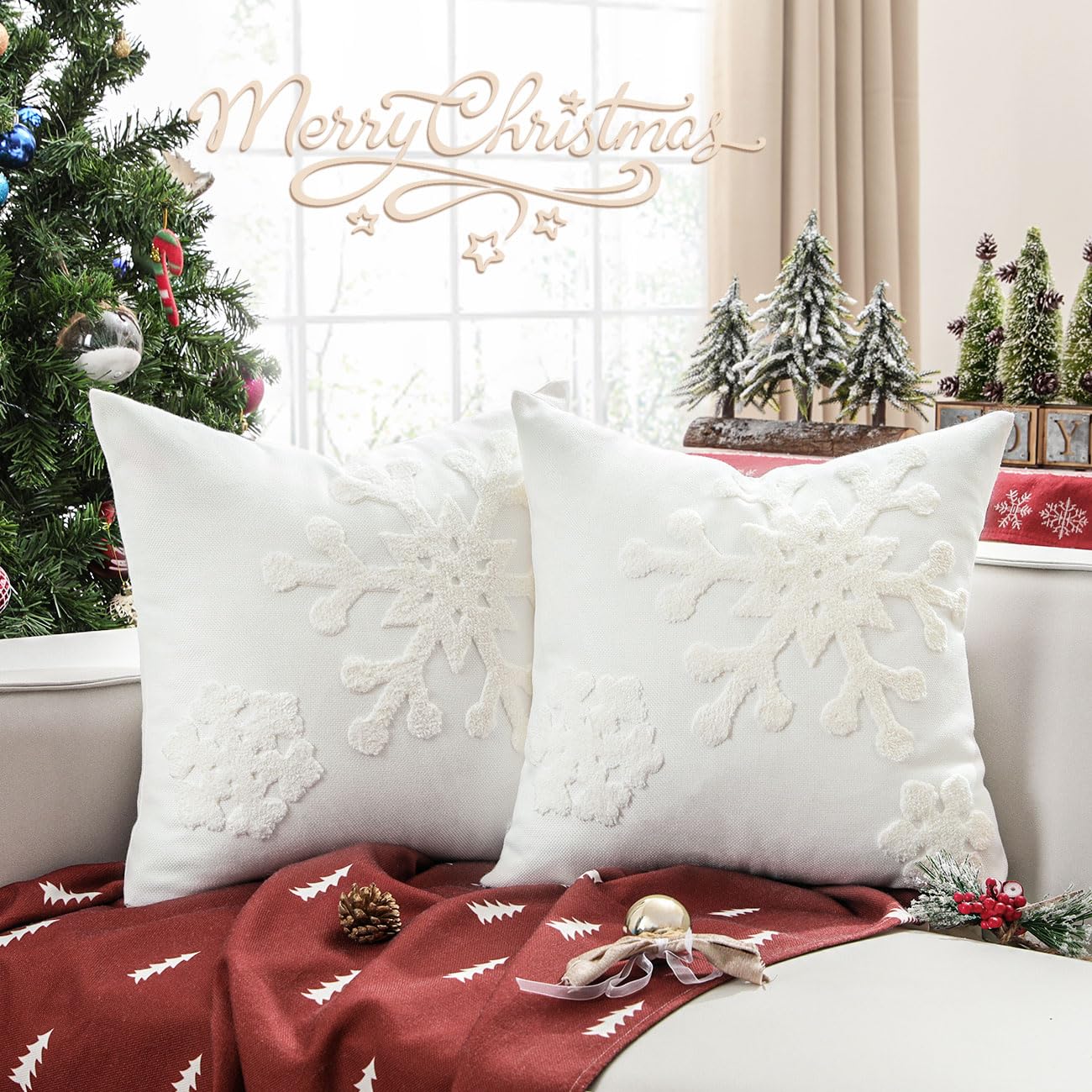 Lewondr Christmas Throw Pillow Cover, 2 Pack Snowflake Embroidery Decorative Throw Pillow Case Linen Sofa Cushion Cover For Part
