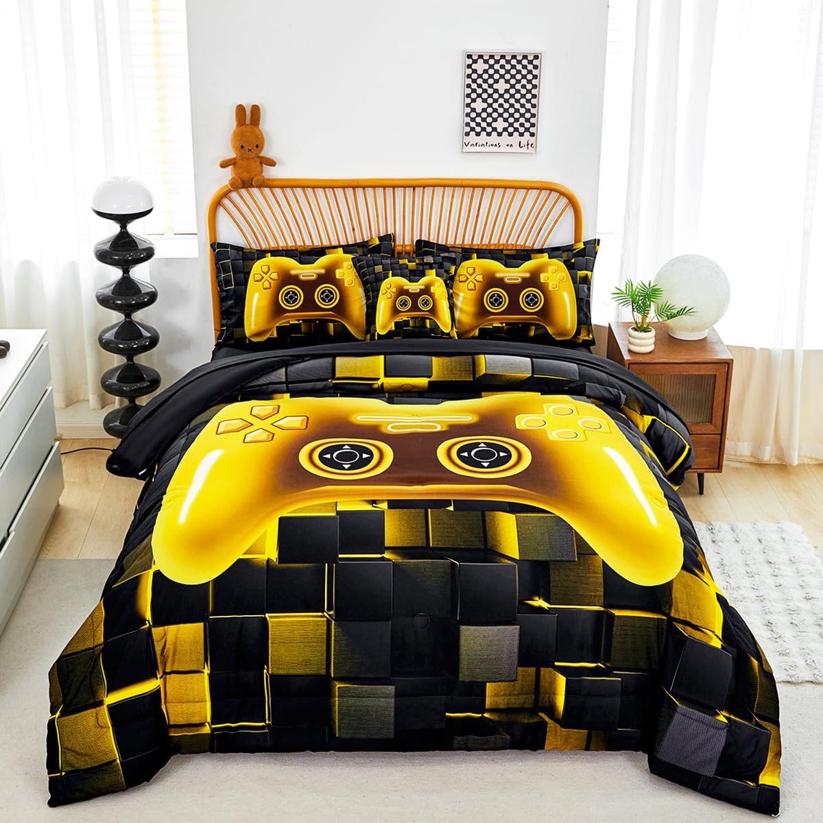 Perfemet 6 Pcs Twin Bed In A Bag For Boys Girls Black Gold Video Game Comforter Set With Sheets Soft Cozy 3D Gamepad Gaming Bedd