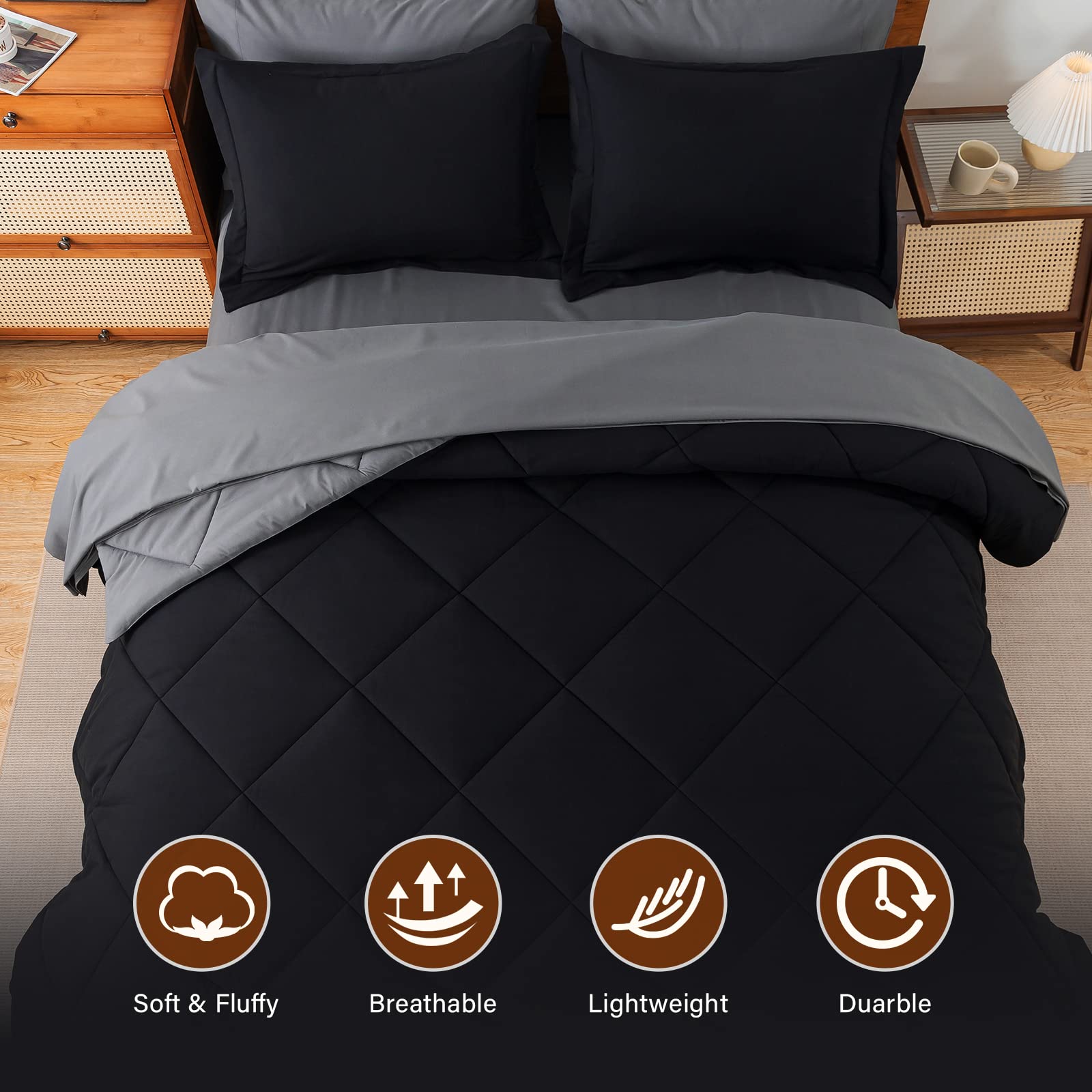 Cosybay Bed In A Bag Full Reversible Comforter Sets 7Pcs All Season Down Alternative Bedding Sets Black And Grey With Comforter,