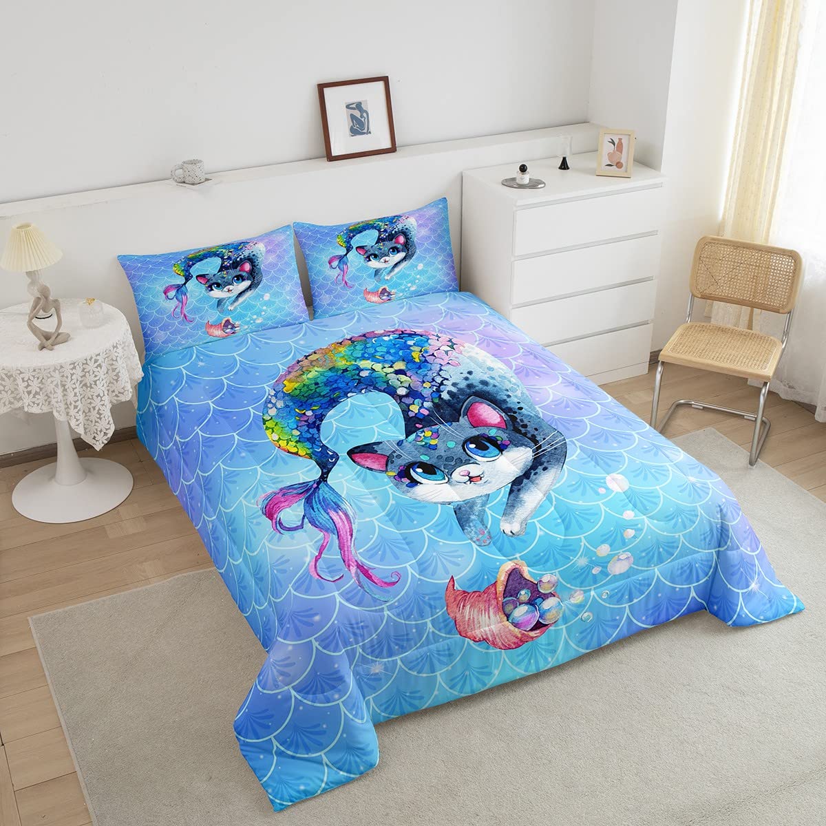 Rainbow Cartoon Cat Bed Sheet Set Colorful Mermaid Comforter Set For Kids Boys Girls Teens Room Decor Blue Mermaid Scales Beddin