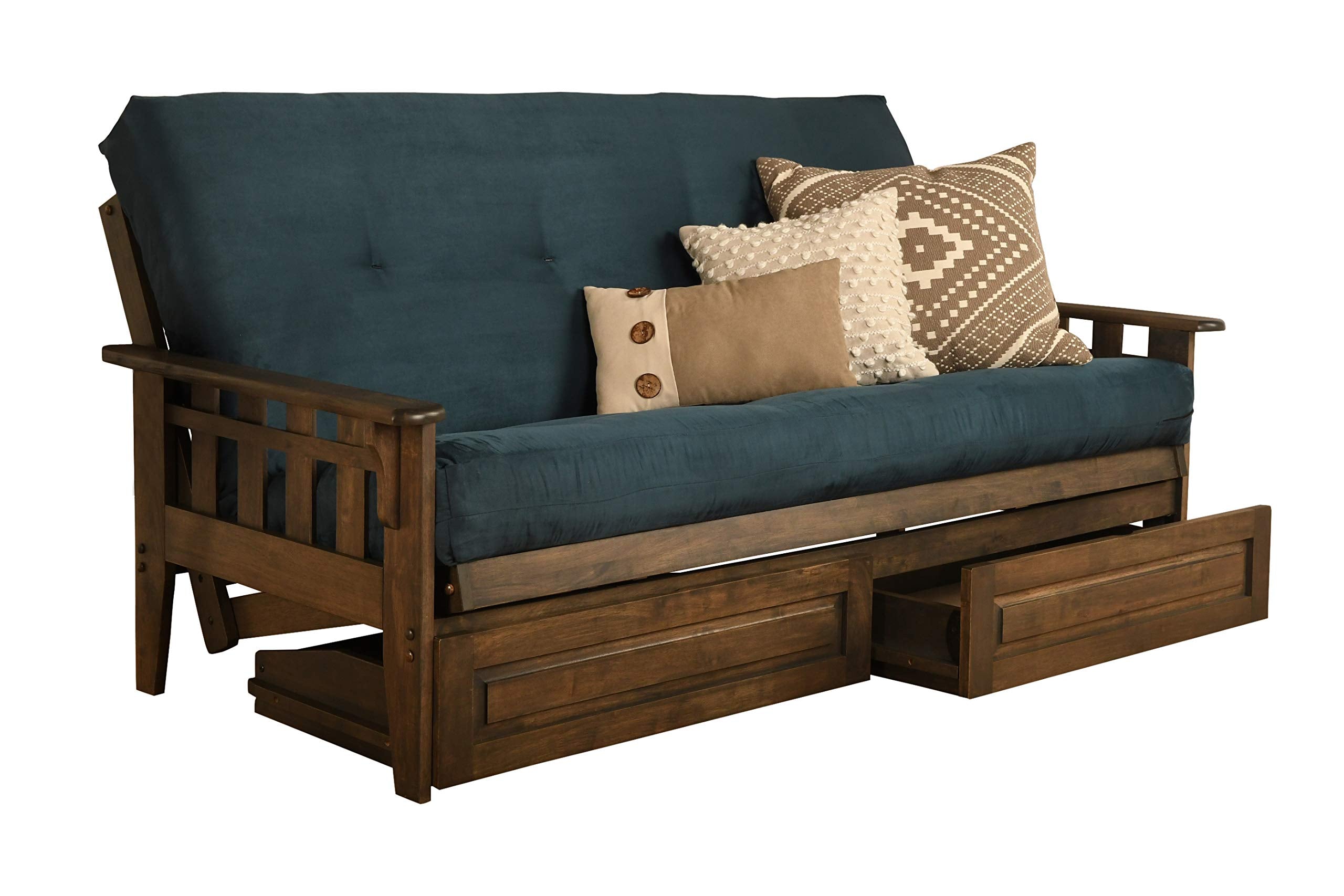 Kodiak Furniture Tucson Full Futon Set in Rustic Walnut Finish with Storage Drawers, Suede Navy