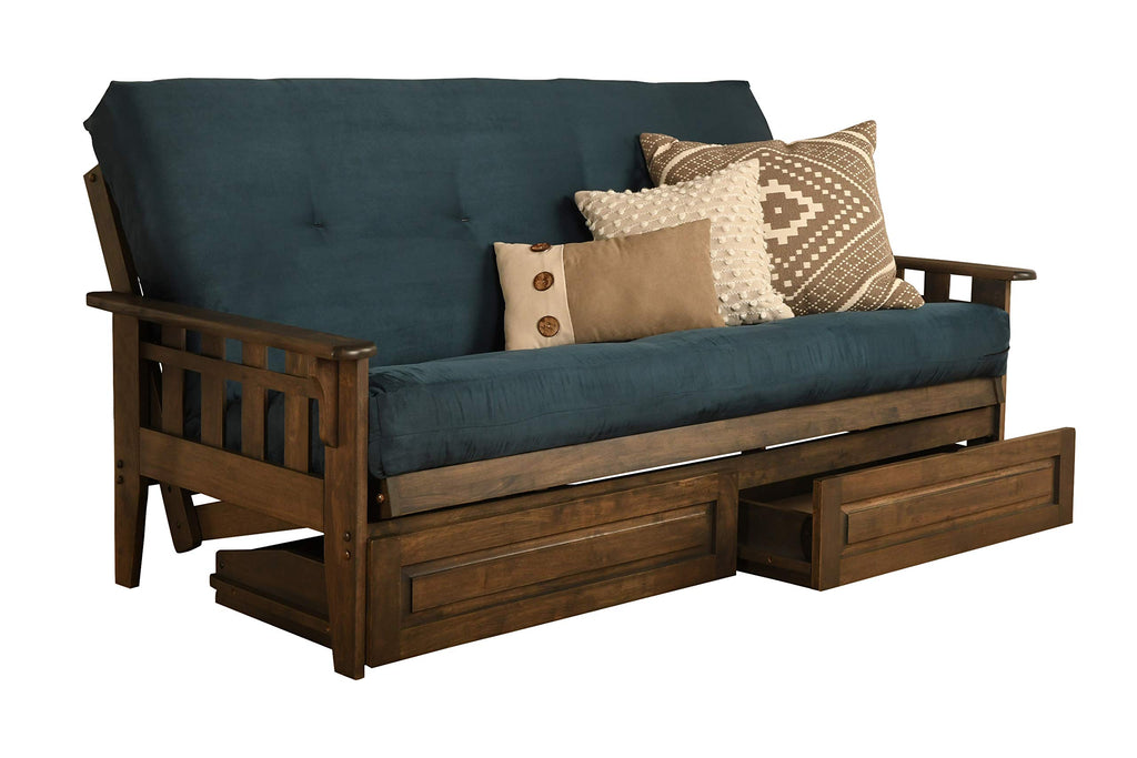 Kodiak Furniture Tucson Full Futon Set in Rustic Walnut Finish with Storage Drawers, Suede Navy