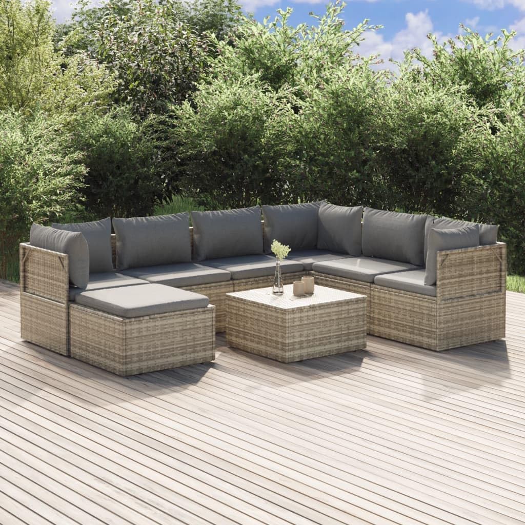 vidaXL 8-Piece Patio Lounge Set with Cushions - Weather-Resistant Poly Rattan Material and Steel Frame - Comfortable Seating with Storage Space - Gray