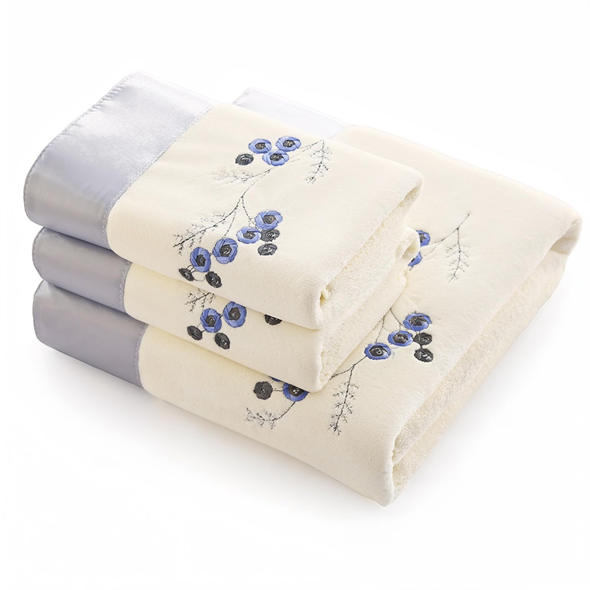 Riverbyland White and Blue 2 Towel and 1 Bath Towel Embroidered Pattern Set