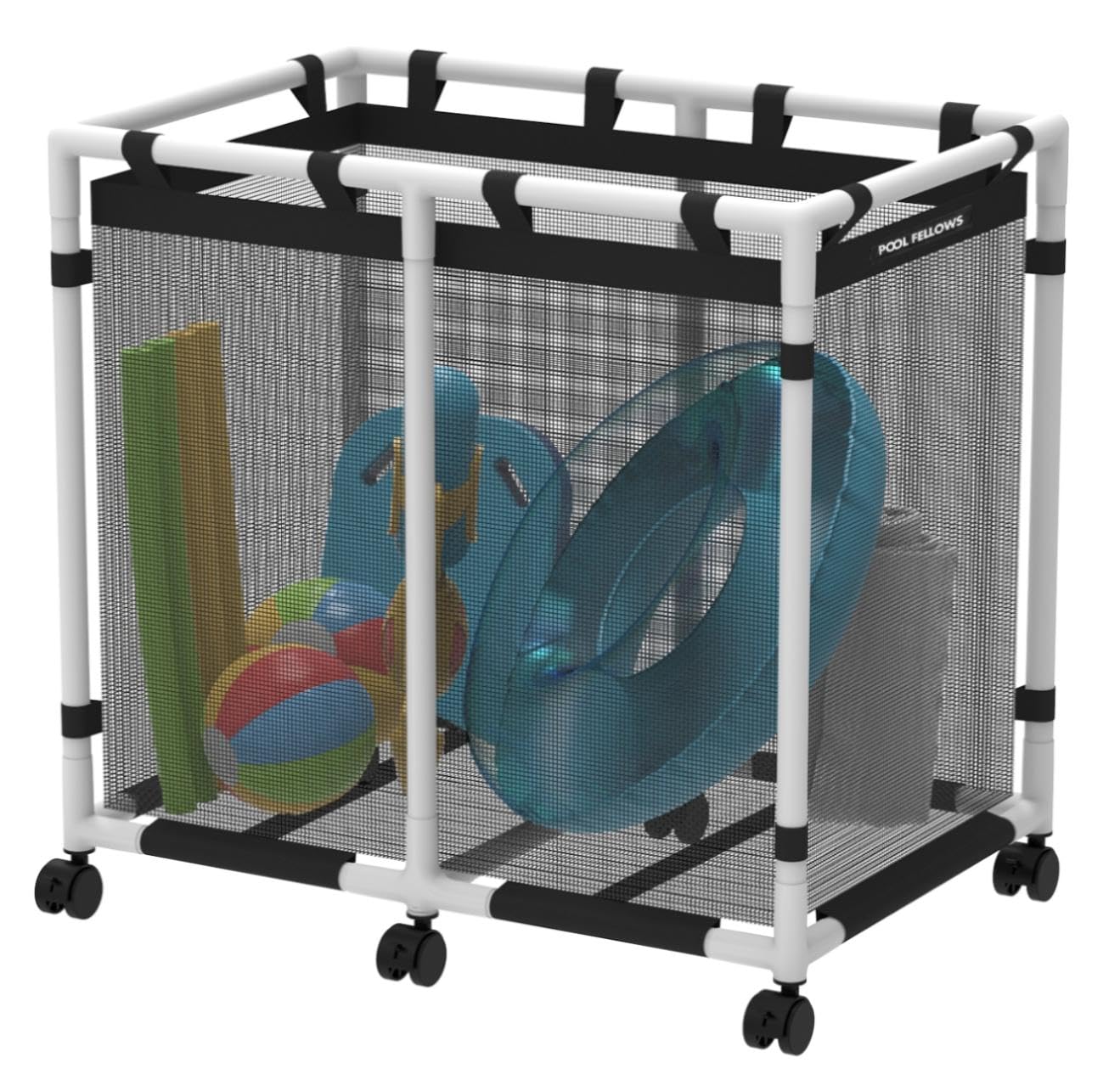 Pool Fellows Pool Storage Bin, 105 Gallons, Holder For Noodles, Toys, Floats, Towels, Mesh Organizer For Swimming Equipments, Ba