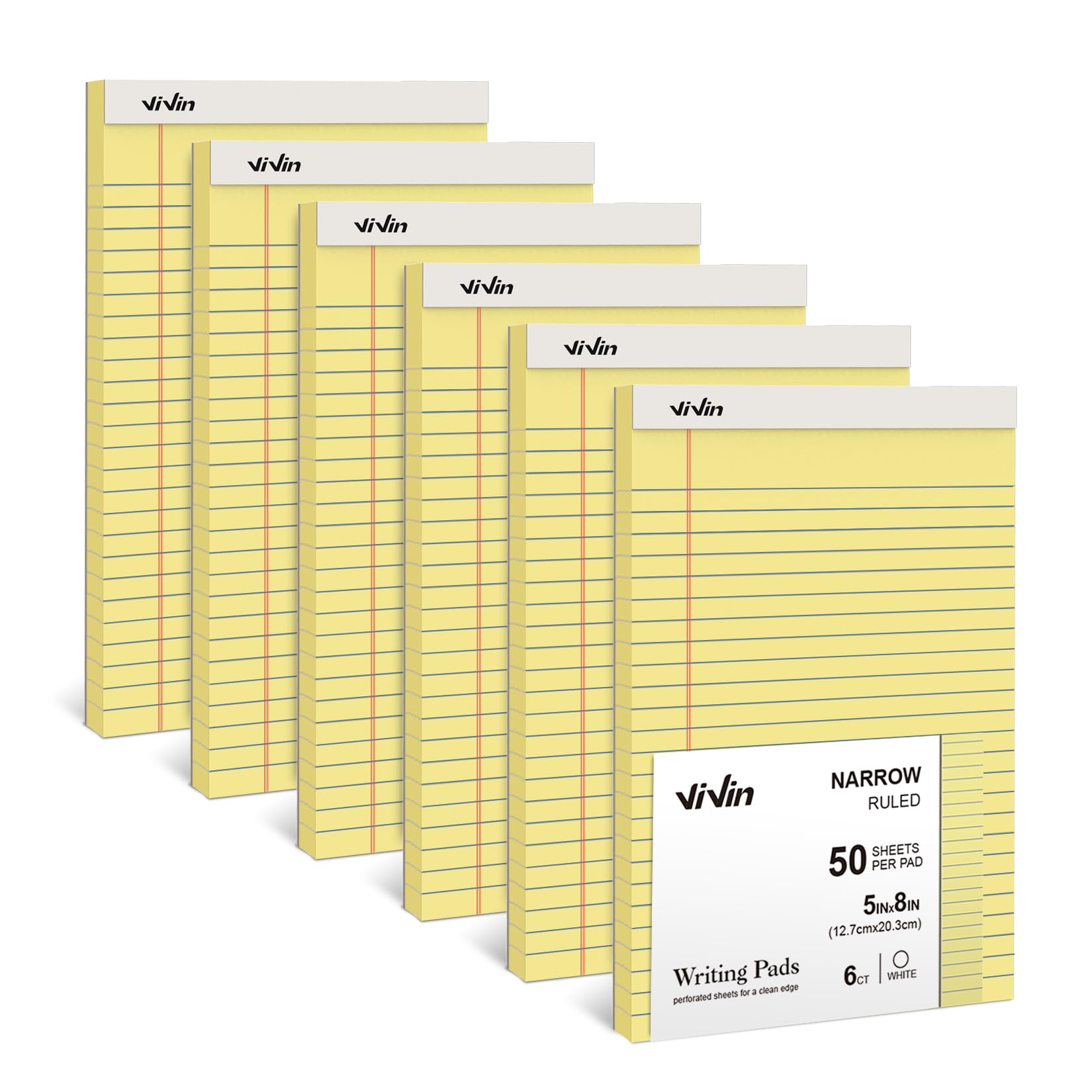 Vivin 5 X 8 Inch Legal Pads, 6 Pack, Narrow Ruled, 50 Sheets Per Writing Pad, Perforated Note Pads Ideal For Home, Office, Busin