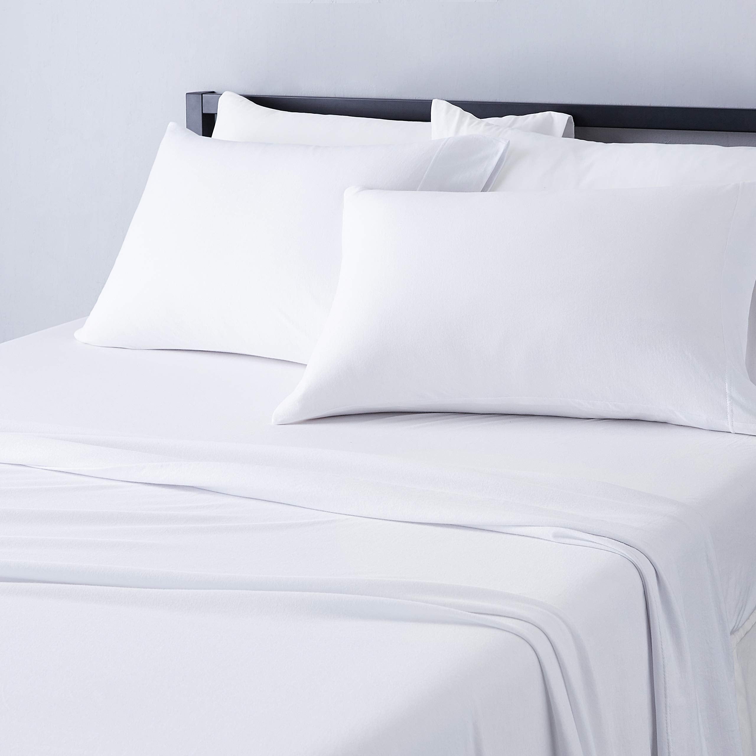 Amazon Basics 4 Piece Bed Sheet Set, 100% Cotton Jersey, Includes Super Soft, Flat and Fitted Sheets, Pillowcase, King, White, S