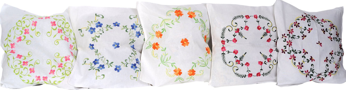 Lot Of Five Ivory Cushion Covers With Ari Embroidered Flowers  Pure Cotton