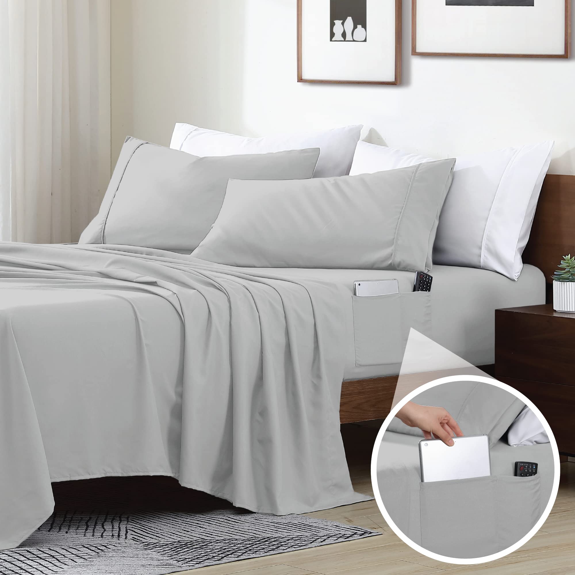 Swift Home Smart Sheets, Ultra Soft Brushed Microfiber 4-Piece Sheet Set, Fitted Bed Sheet With Side Storage Pockets - Silver, K