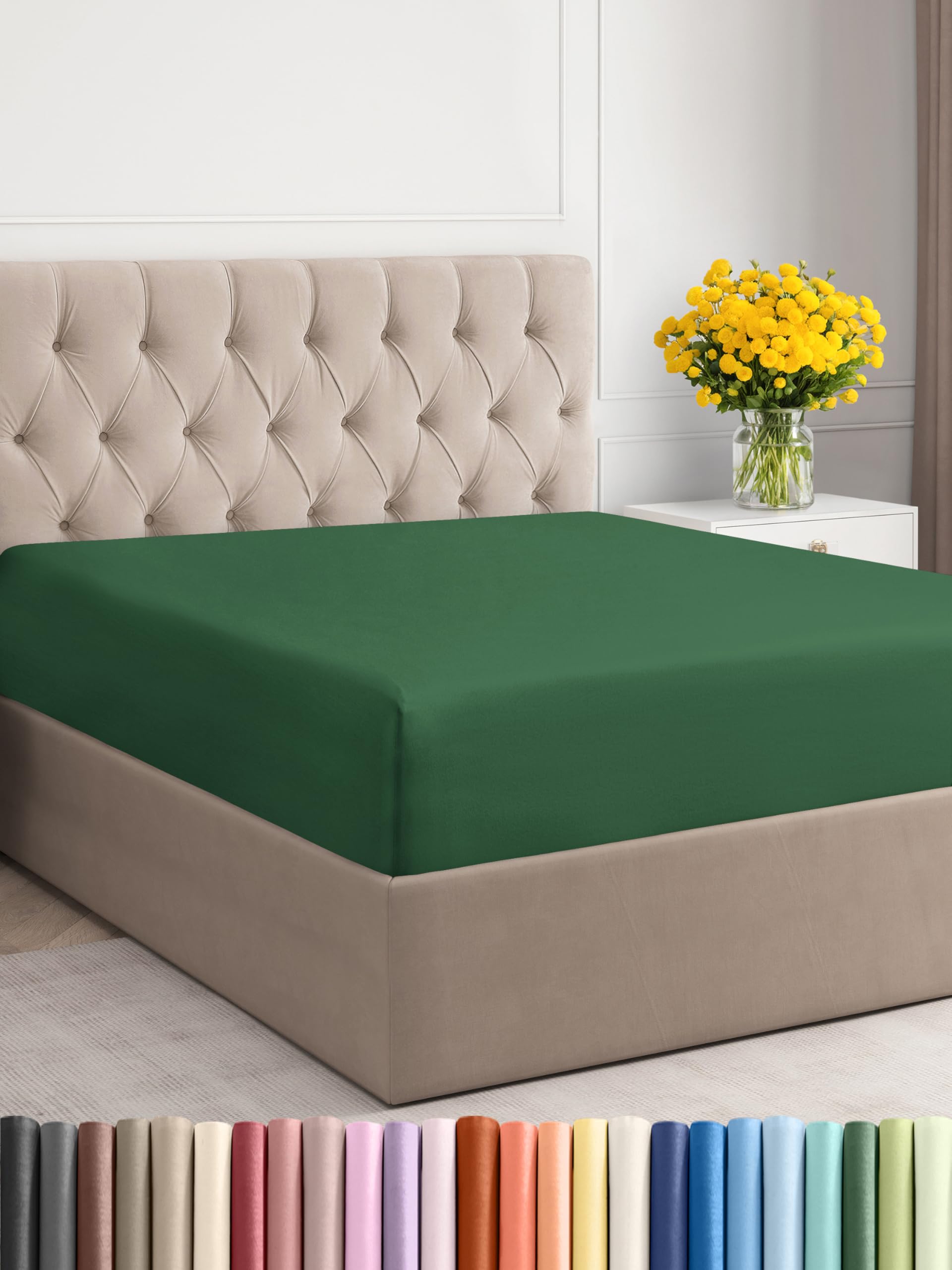 Twin Xl Size Fitted Bed Sheet - Hotel Luxury Single Fitted Bottom Sheet Only - Fits Mattress Between 8 To 16 Inches - Deep Pockets, Extra Soft And Wrinkle Free - Breathable & Cooling - Emerald Green