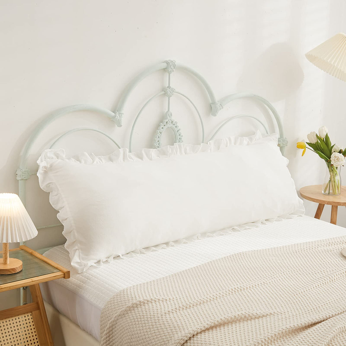 Merryword White Body Pillow Cover 20X54Inches Long Pillowcase White Ruffled Chic Boho Pillowcases Ruffled Fringe Decor Body Ruff
