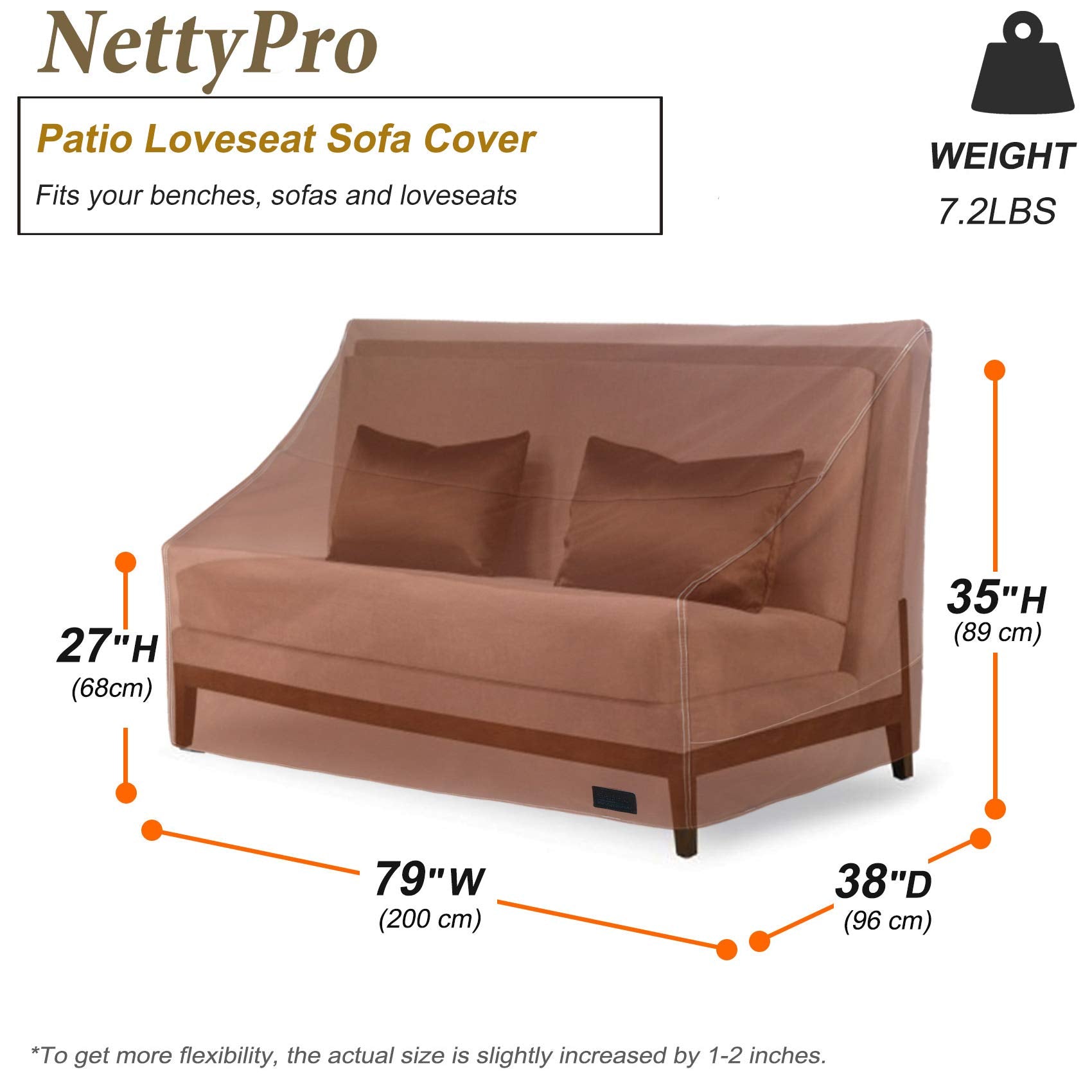 Nettypro Patio Sofa Bench Cover, Waterproof 600D Heavy Duty Outdoor Furniture 3 Seater Couch Cover, 79' Wx 38' Dx 35' H, Brown