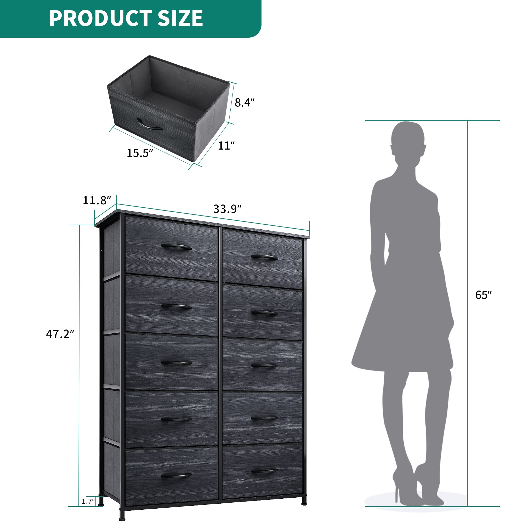 Yitahome 10 Drawer Dresser - Fabric Storage Tower, Organizer Unit For Living Room, Hallway, Closets - Sturdy Steel Frame, Wooden Top & Easy Pull Fabric Bins (Black Wood Grain)