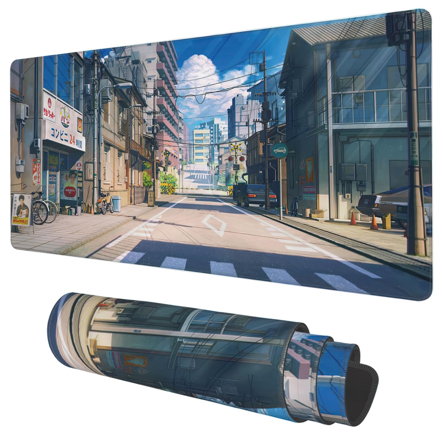 Desk Mat, Anime Summer Street Scenery Extended Gaming Mouse Pad Large, 35.4'X15.7' Big Mouse Pad With Non-Slip Base And Stitch