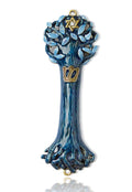 Bless This House with Tree of Life Mezuzah Case, Wooden Texture Design, Crafted with David Star for The Jewish Homes, Blue Indig