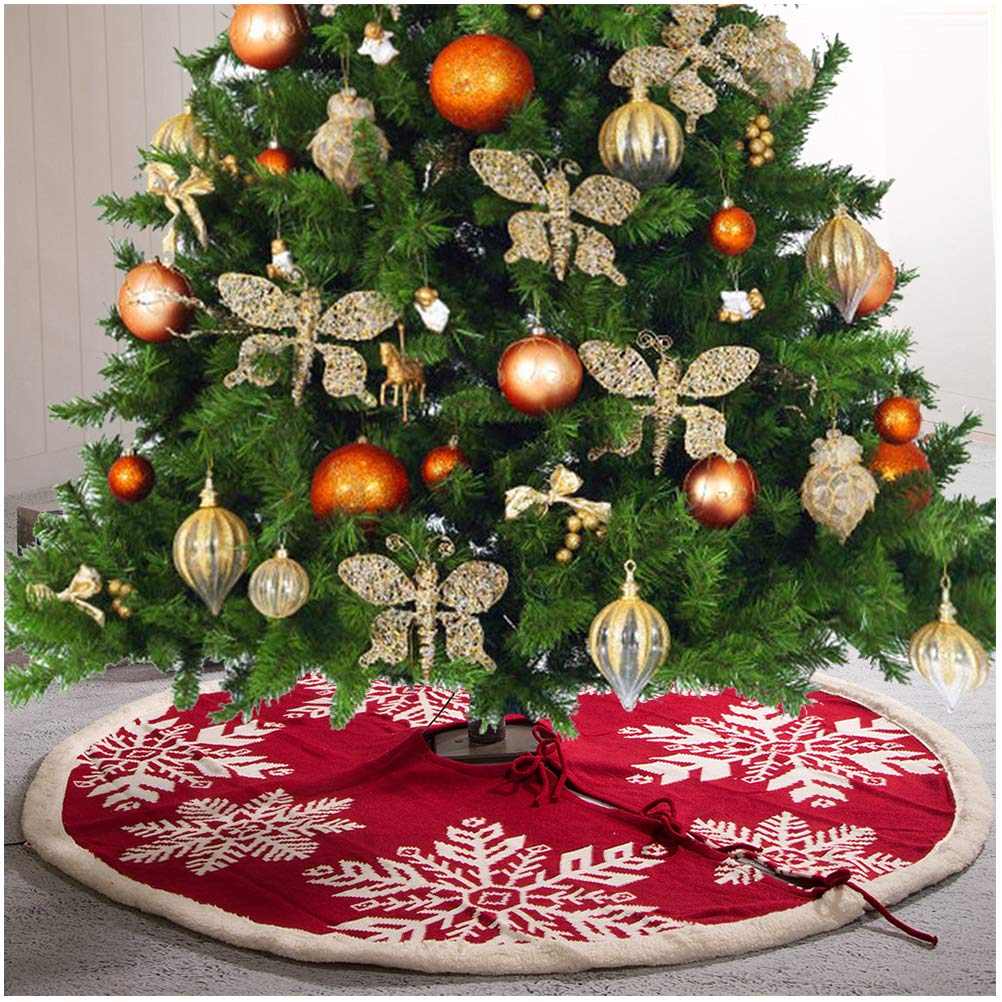 Glitzhome 48 Knitted Red Christmas Tree Skirt with Snowflake Pattern for Xmas Winter Holiday Party Decoration(White Snowflake)