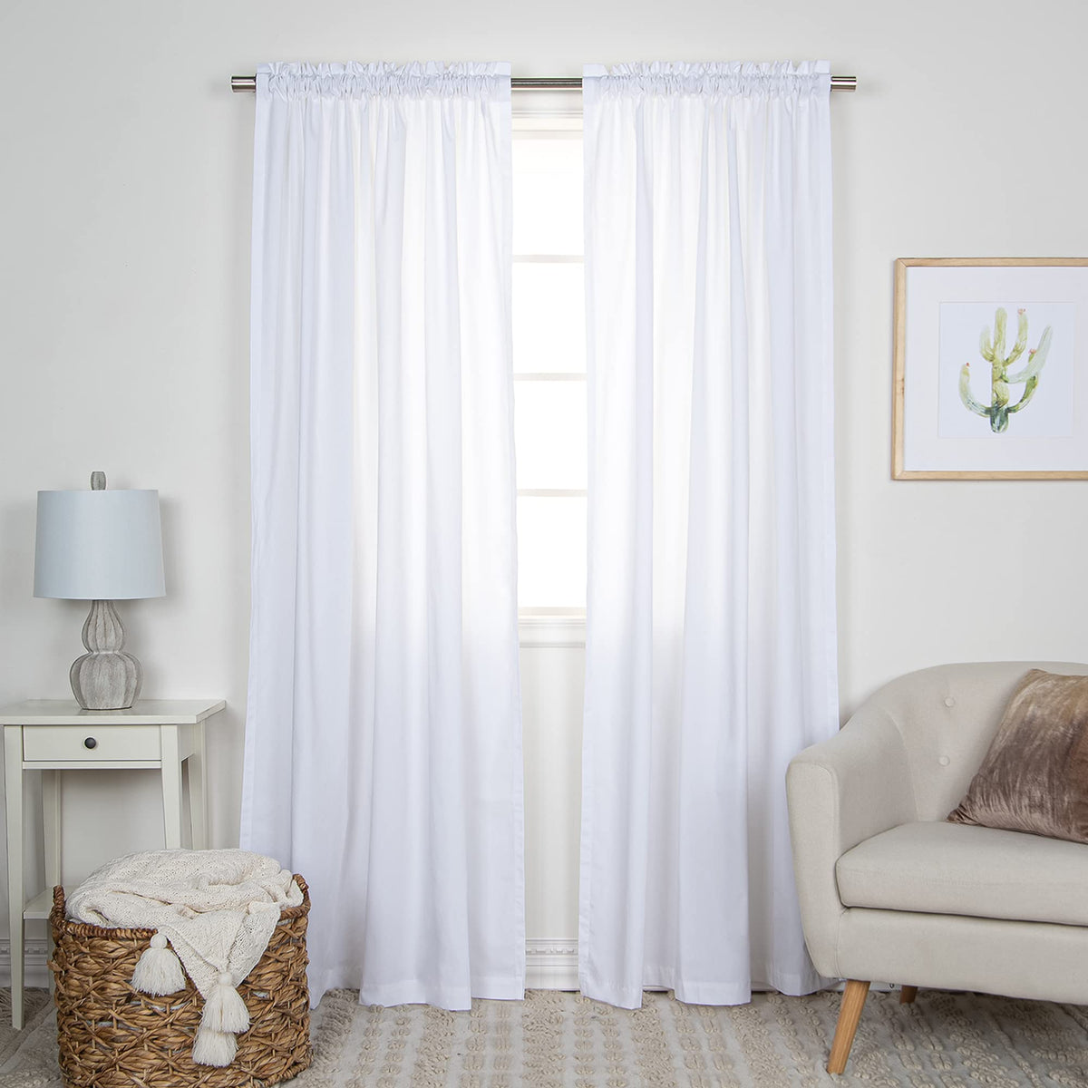 Best Home Fashion Set Of 2 White Cotton Blend Light Filtering Opaque Rod Pocket Panels -Cotton Like Texture Window Treatment For