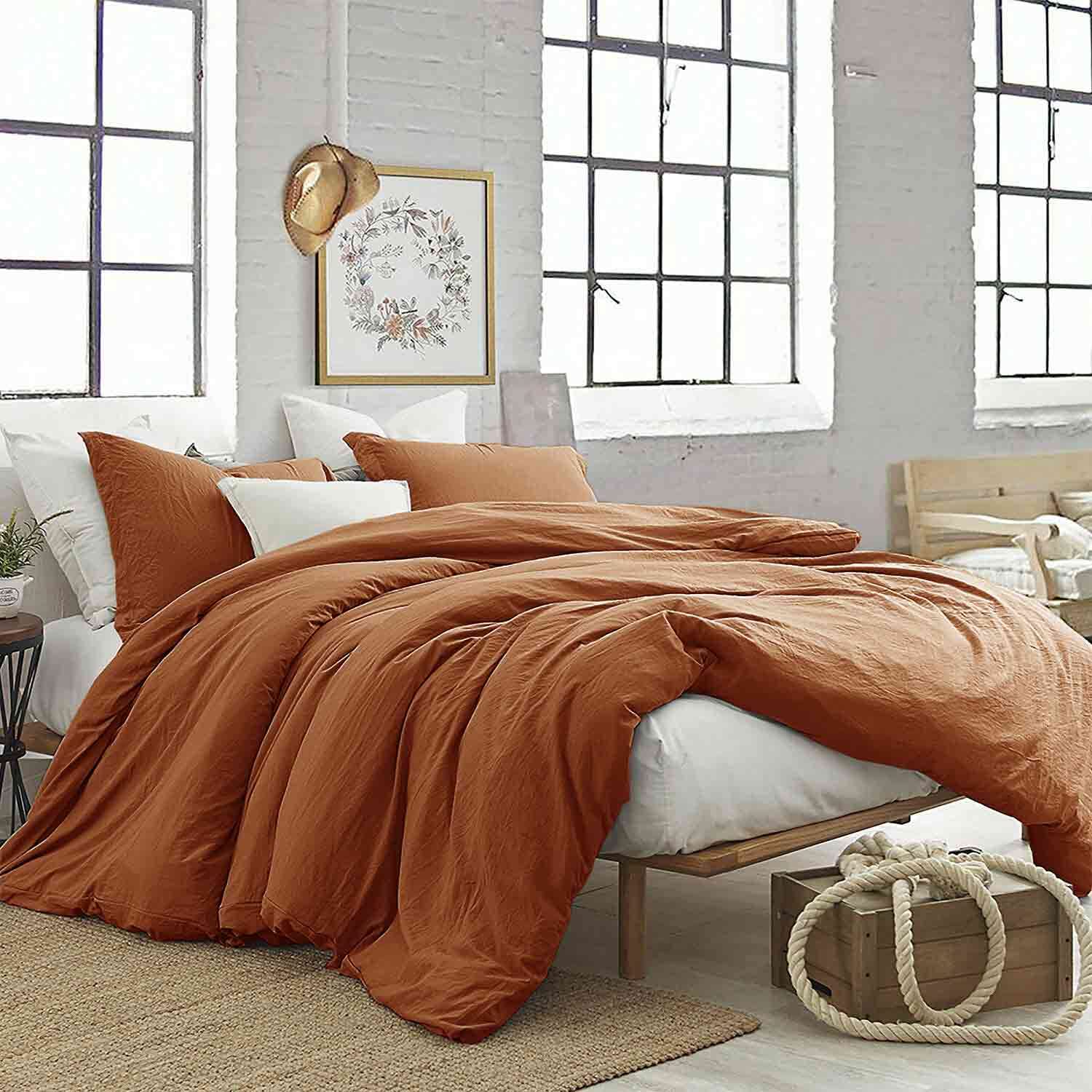 Burnt Orange Queen Comforter Set - 3 Piece Aesthetic Modern Terracotta Bedding Set - All Season Soft & Lightweight Microfiber Do