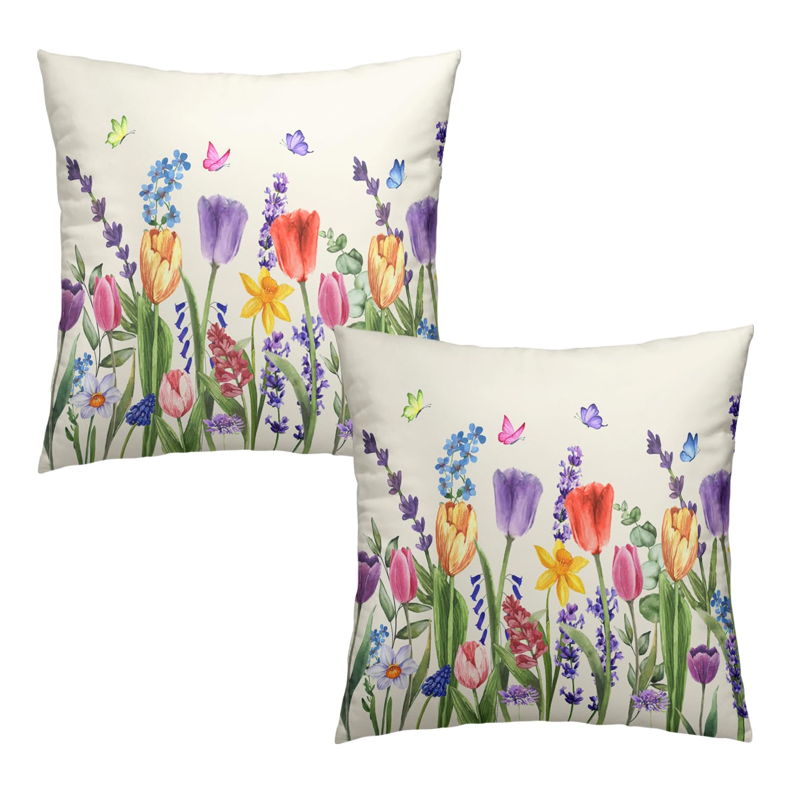 Wnoesat Spring Floral Outdoor Pillow Covers 18X18 Set Of 2 Tulip Lavender Flower Butterfly Throw Pillows Covers Summer Farmhouse