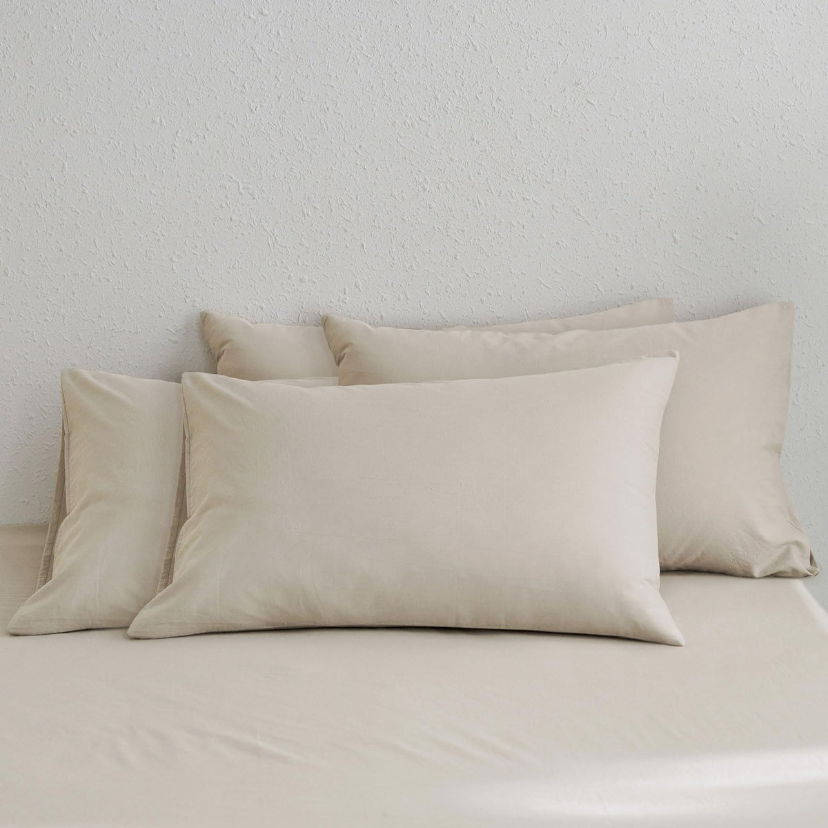 Moomee Bedding Pillowcases Pack Of 4 100% Washed Cotton Linen Like Textured Breathable Durable Soft Comfy (Cream Grey, Queen)