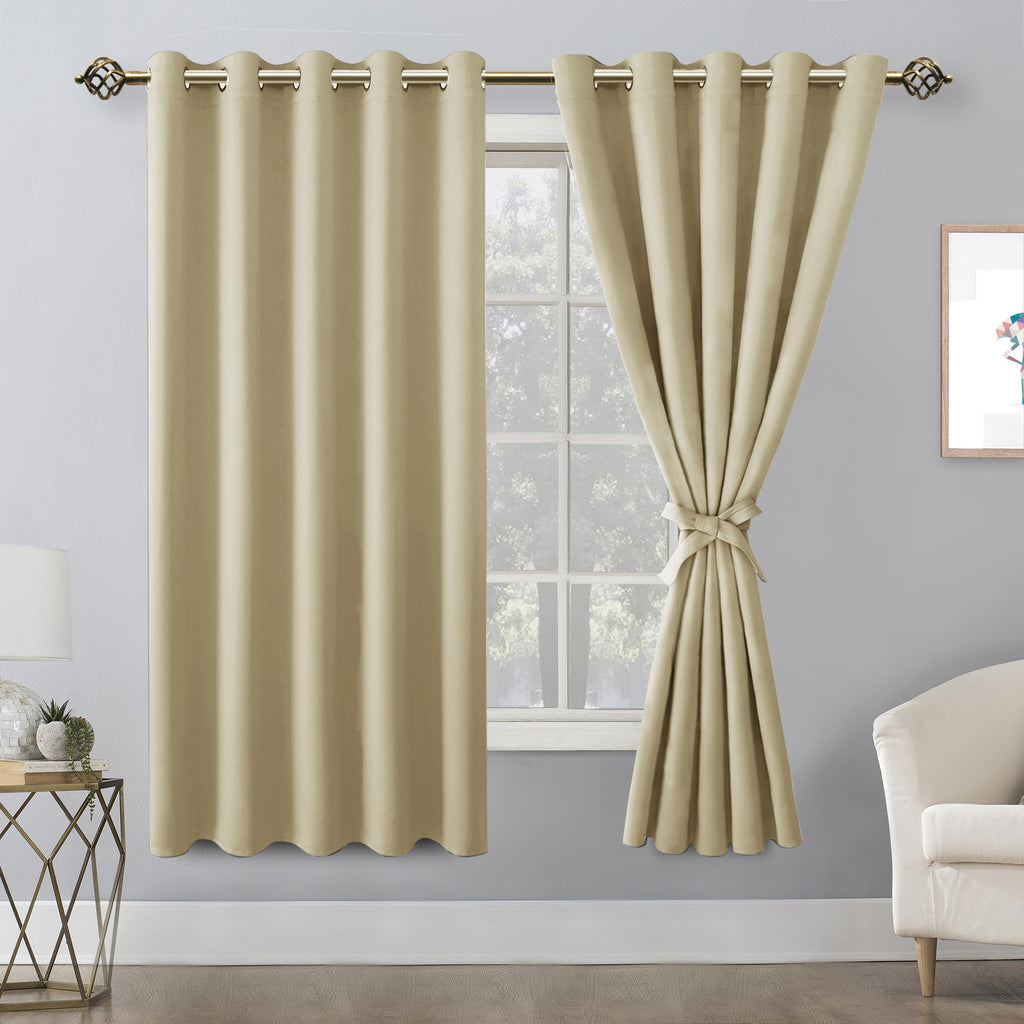 Hiasan Grommet Blackout Curtains For Bedroom, 70 X 63 Inches - Thermal Insulated & Light Blocking Window Drapes For Living Room/Dorm Room, Set Of 2 Panels Sewn With Tiebacks, Light Beige