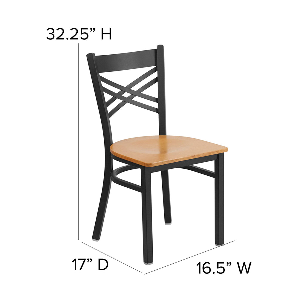 Flash Furniture HERCULES Series Black ''X'' Back Metal Restaurant Chair - Natural Wood Seat