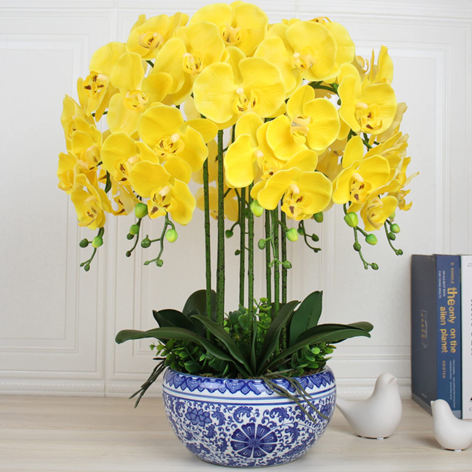 Fagushome 32 Inch Artificial Phalaenopsis Flowers 6 Pcs Artificial Orchid Flowers Stem Plants For Home D  Cor (Yellow)