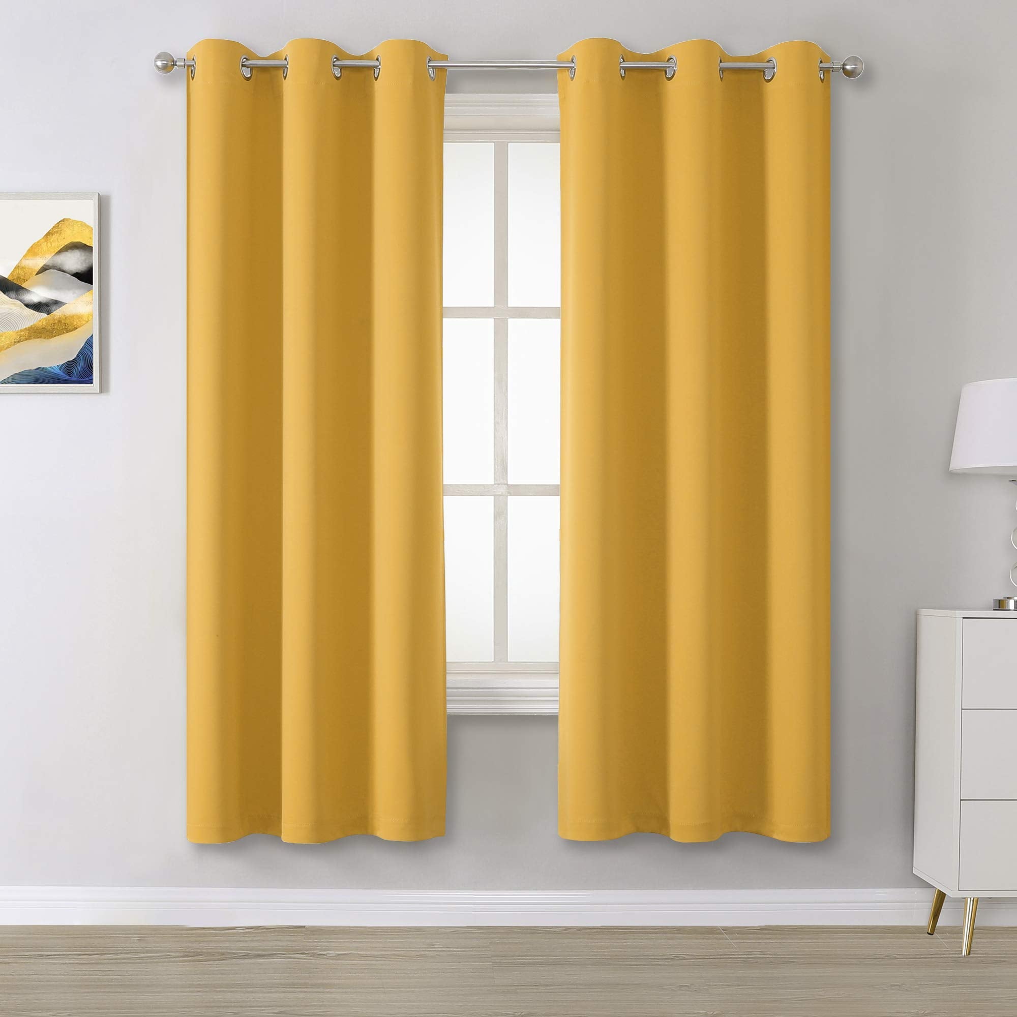 Dualife Gold Yellow Curtains 63 Inches Long-Blackout Curtain Panels For Bedroom Room Darkening Gold Solid Window Drapes For Livi