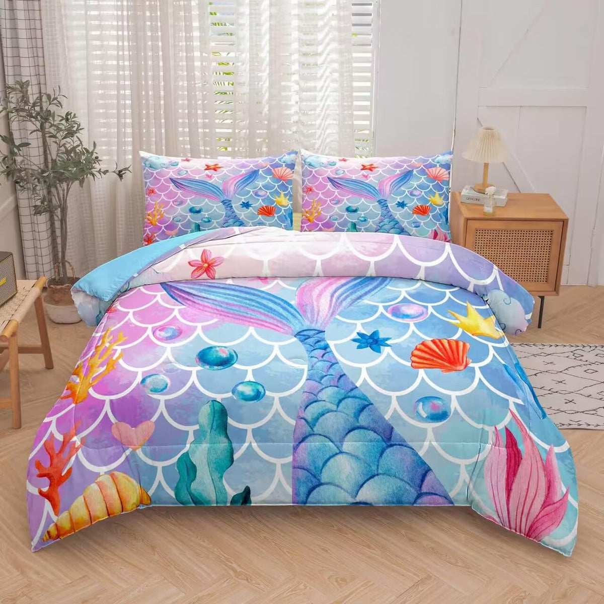 Ninenine Girls Mermaid Bedding Sets Queen Size 5Pcs Glitter Comforter Set Princess Toddler Bedding Sets (1Comforter, 1Flat Sheet