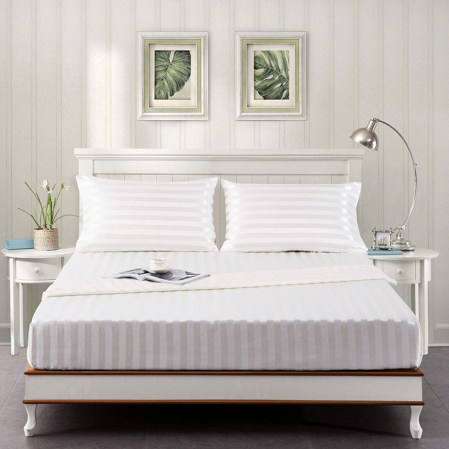 Lanest Housing Satin-Silk Sheets Full Size Bed Set, Ivory White Soft Cooling Deep Pocket Sheets, Hypoallergenic, Wrinkle And Fad