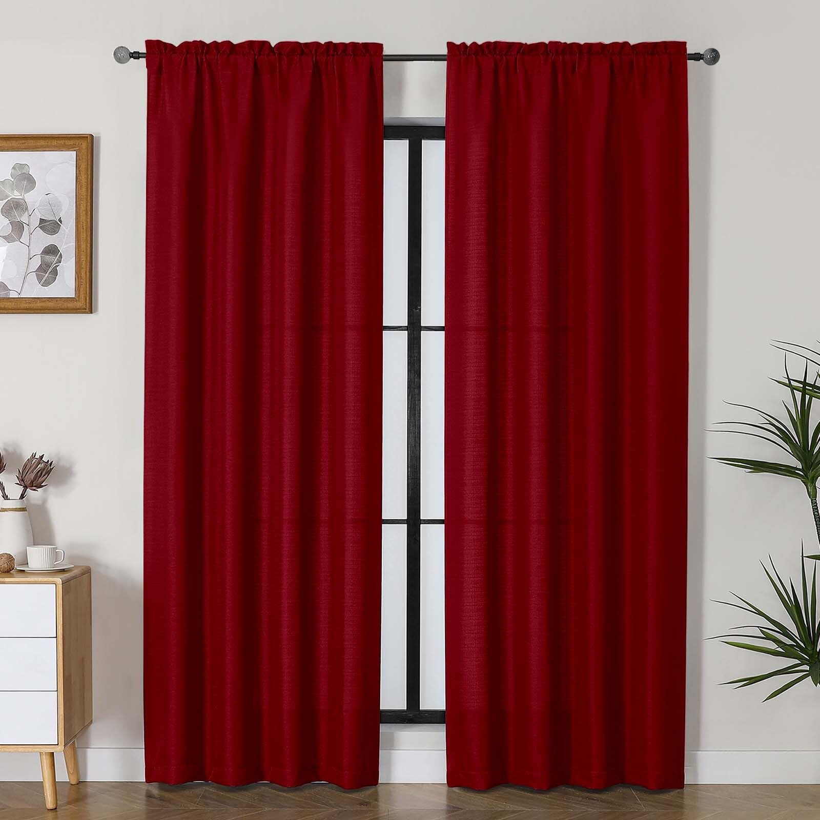 Lecloud Bessie Red Christmas Curtains 84 Inches Long 2 Panels, Privacy Faux Linen Breathable Light Filtering Curtain, Rustic Dua