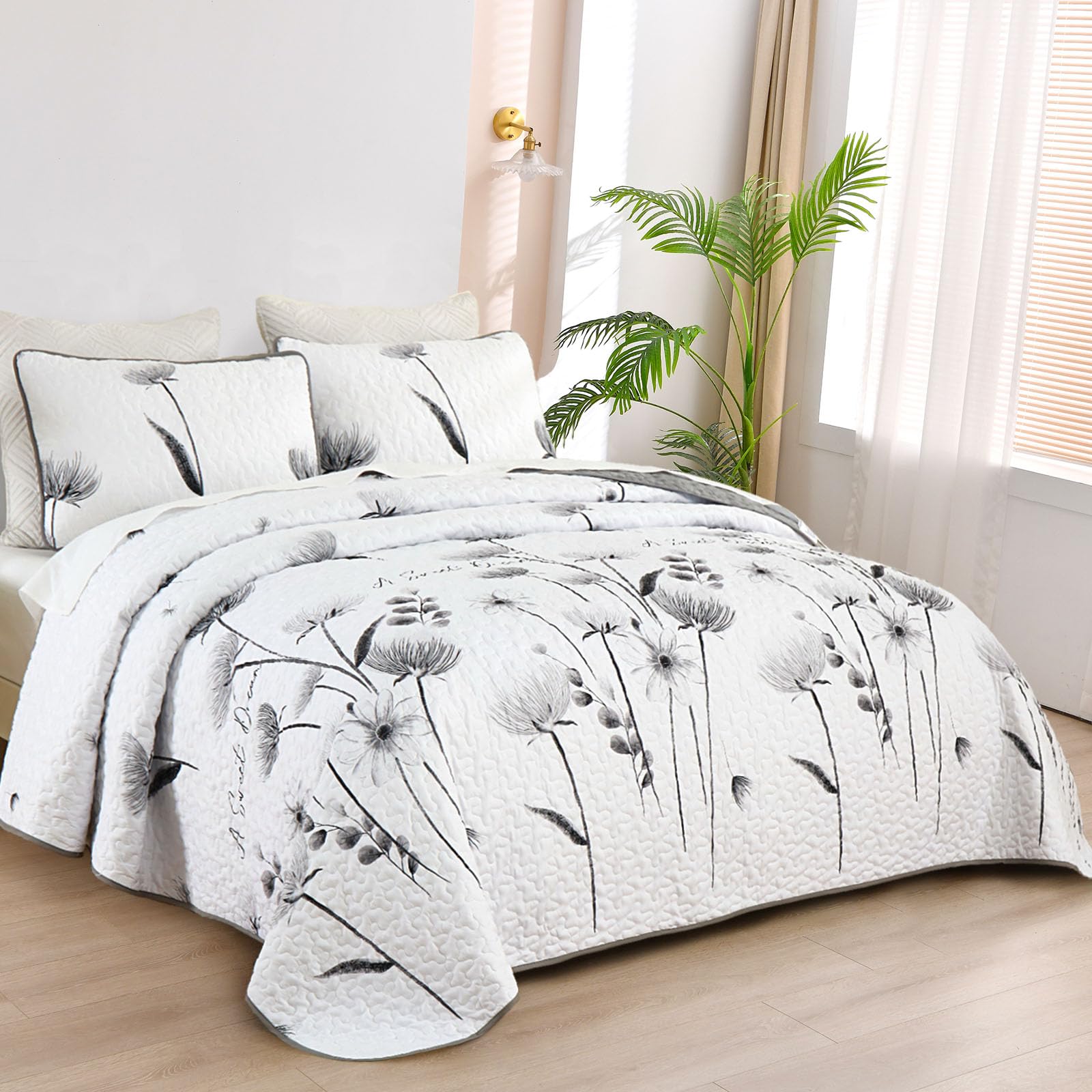 King Size Quilt Set Floral,3 Pieces Grey & White Quilts Coverlet Set Flower Bedspreads Bed Cover Lightweight Fall Quilt Light Gr