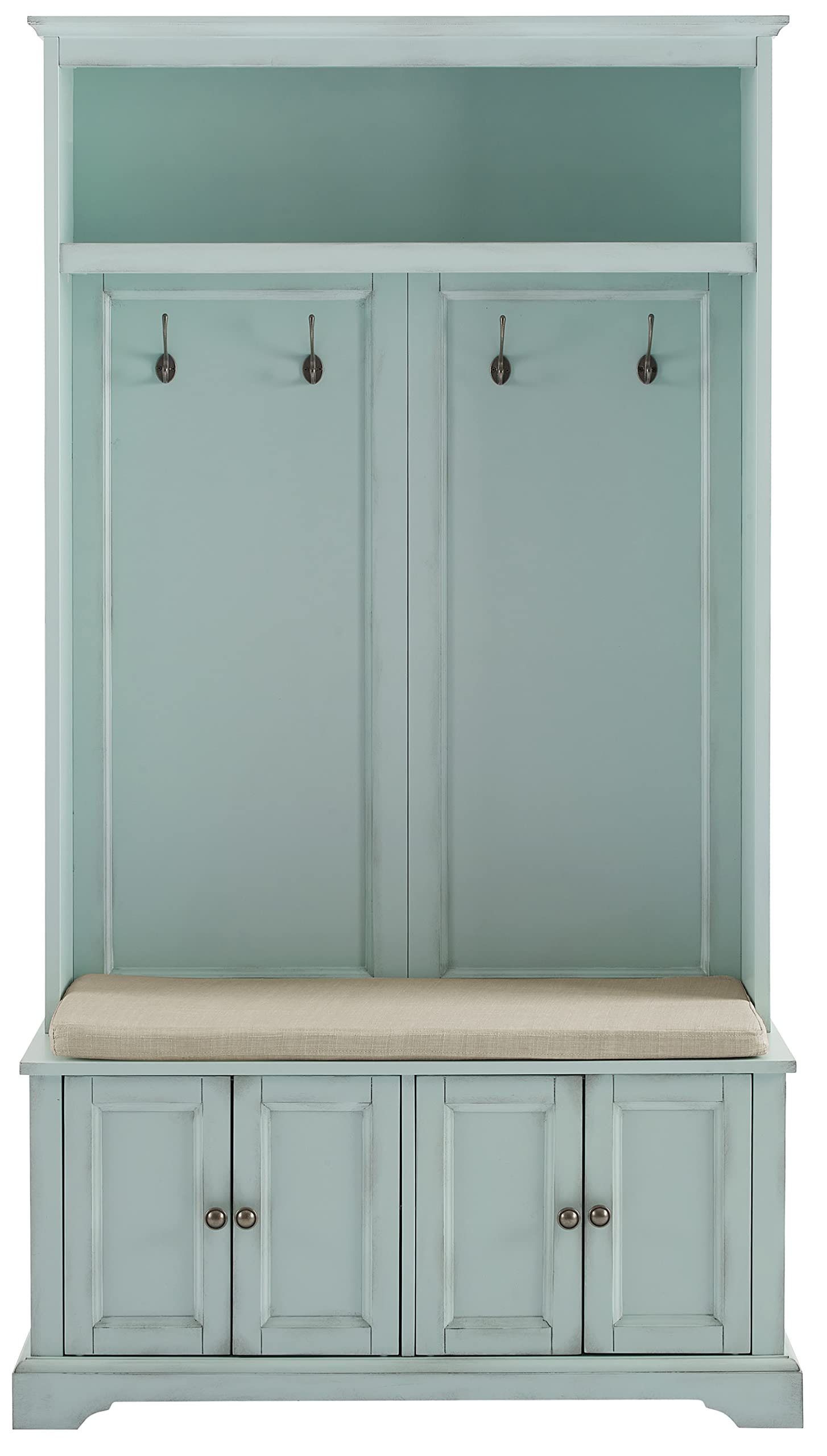 Crosley Furniture Holbrook Hall Tree with Shoe Rack Bench and Coat Hooks for Hanging Storage, Distressed Seafoam Blue