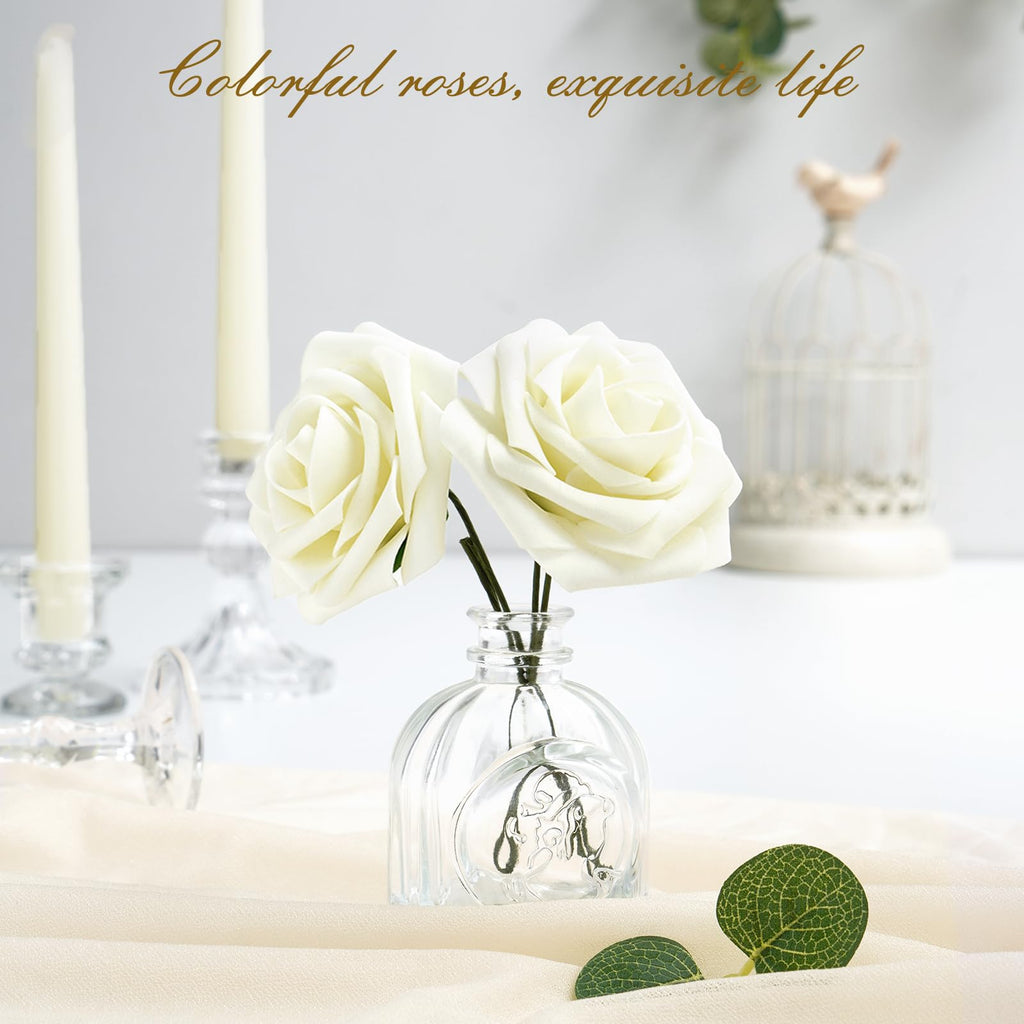 Bleum Cade 16Pcs Artificial Flowers Fake Roses With Stems, Ivory White Boxed Foam Roses For Diy Bouquets Centerpieces Wedding Pa