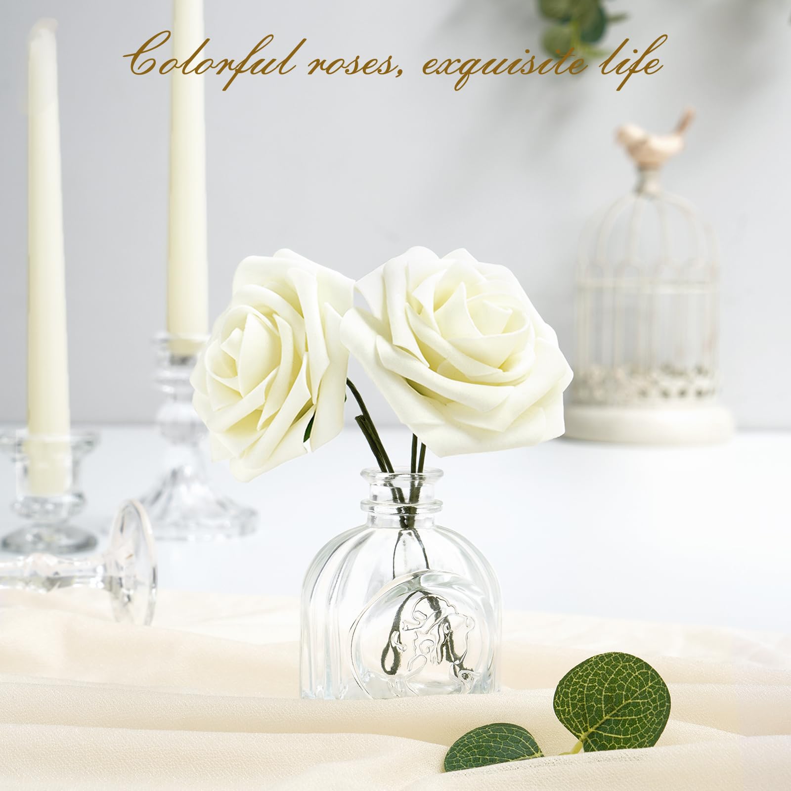 Bleum Cade 16Pcs Artificial Flowers Fake Roses With Stems, Ivory White Boxed Foam Roses For Diy Bouquets Centerpieces Wedding Pa
